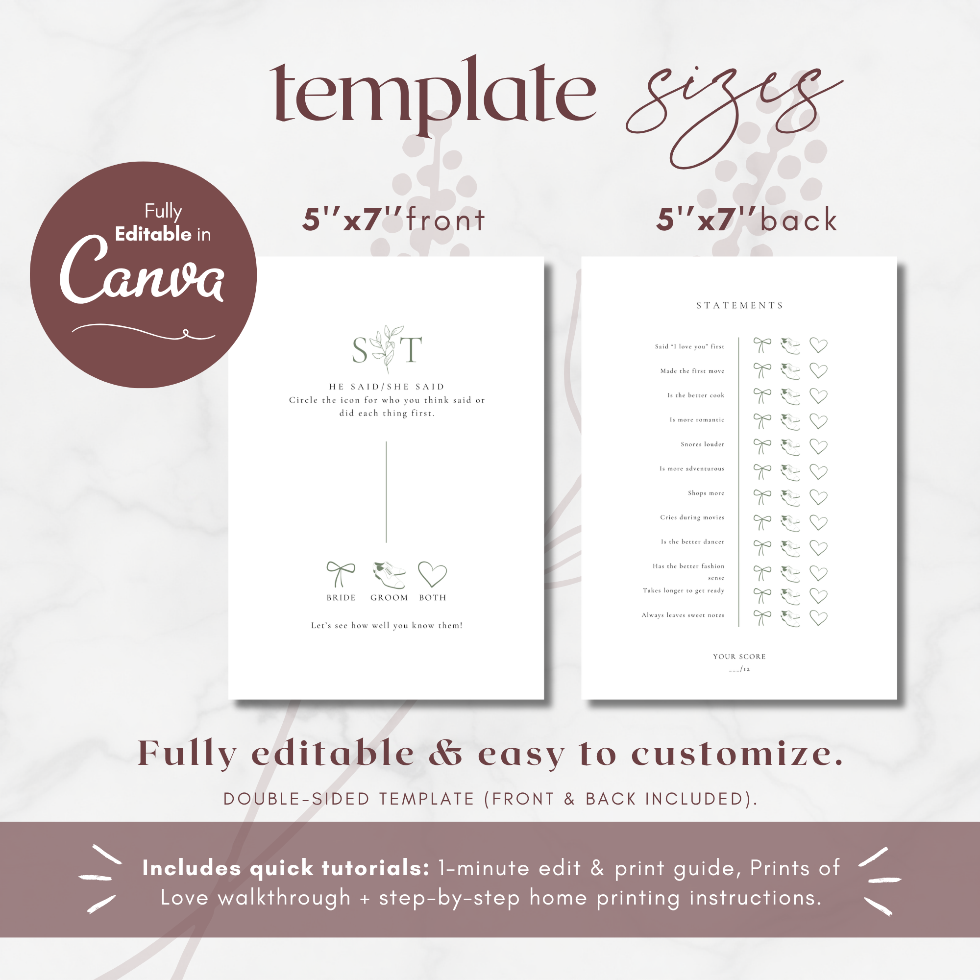 Oliva Essence Wedding Game Card Template: He Said/She Said Game