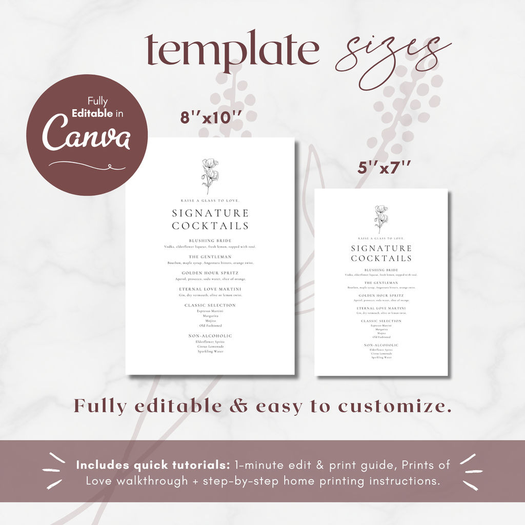 Alba Serenity Wedding Cocktail Menu Sign Template