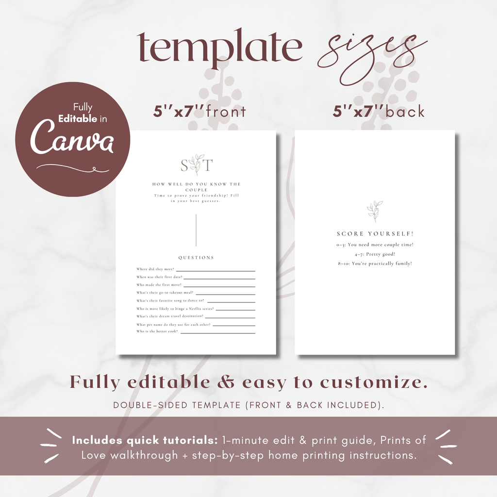 Oliva Essence Wedding Game Card Template: How well do you know the couple