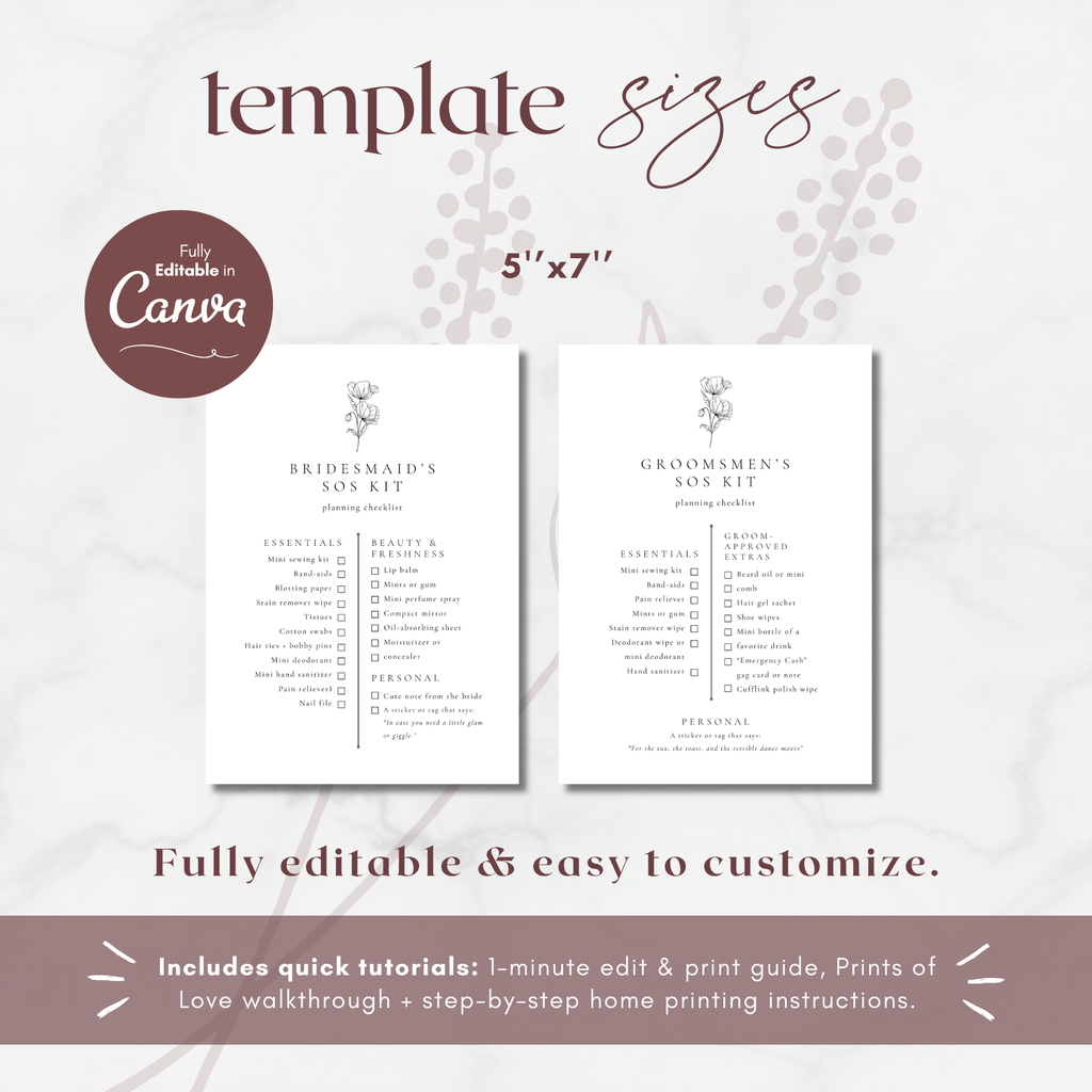 Alba Serenity Bridesmaids and Groomsmen SOS Kit Checklist Card Template Bundle