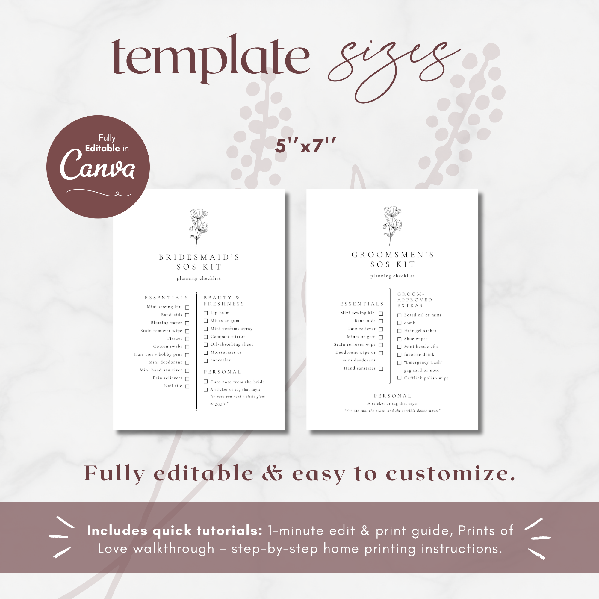 Alba Serenity Bridesmaids and Groomsmen SOS Kit Checklist Card Template Bundle