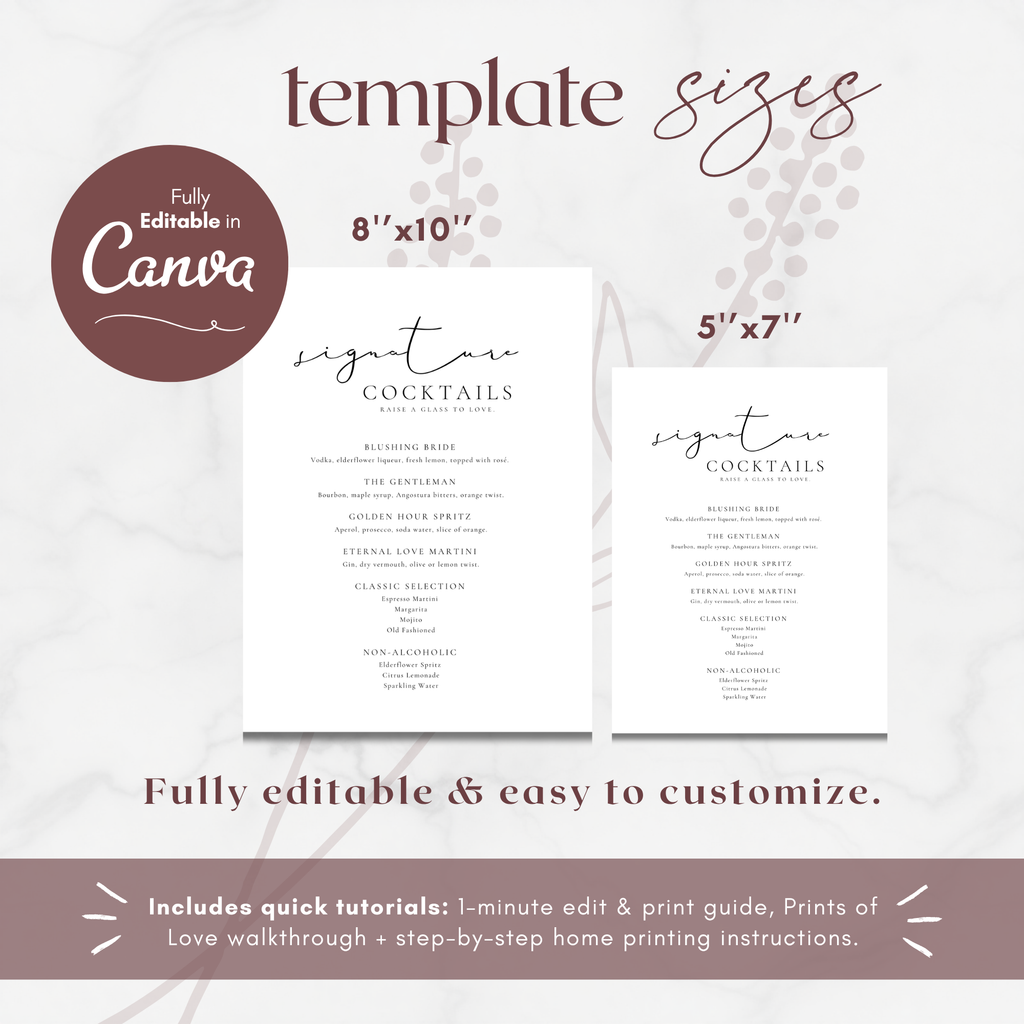 Alba Serenity Wedding Cocktail Menu Sign Template