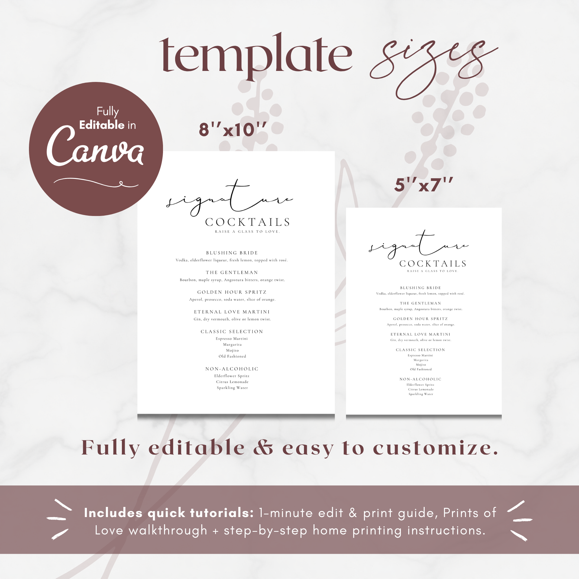 Alba Serenity Wedding Cocktail Menu Sign Template