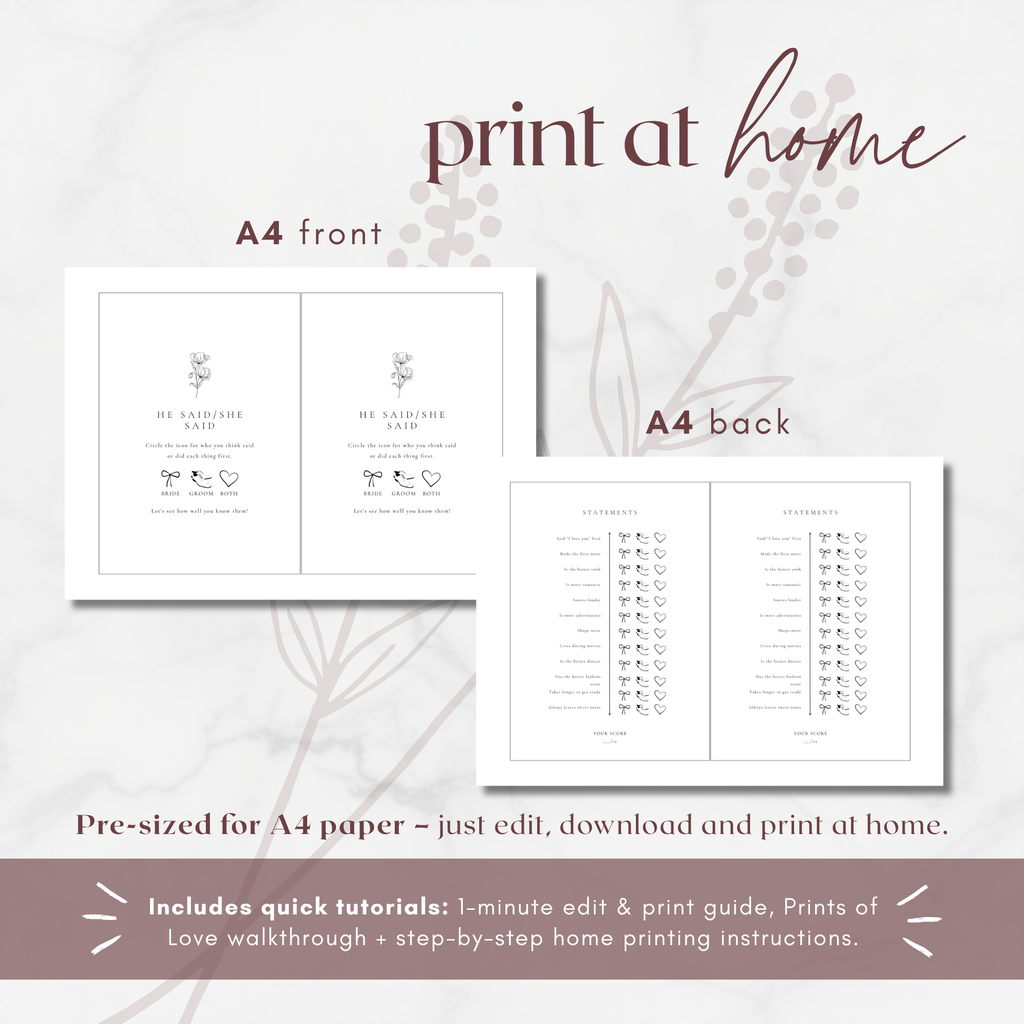 Alba Serenity Wedding Game Cards Template: He Said/She Said