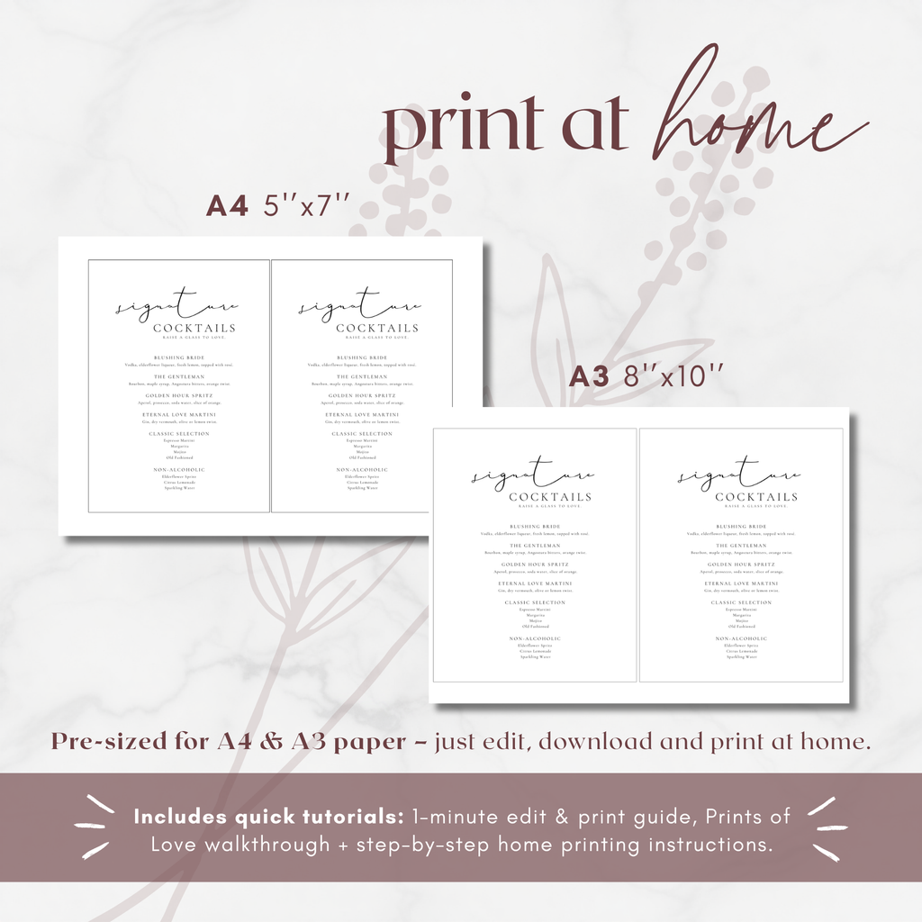 Alba Serenity Wedding Cocktail Menu Sign Template