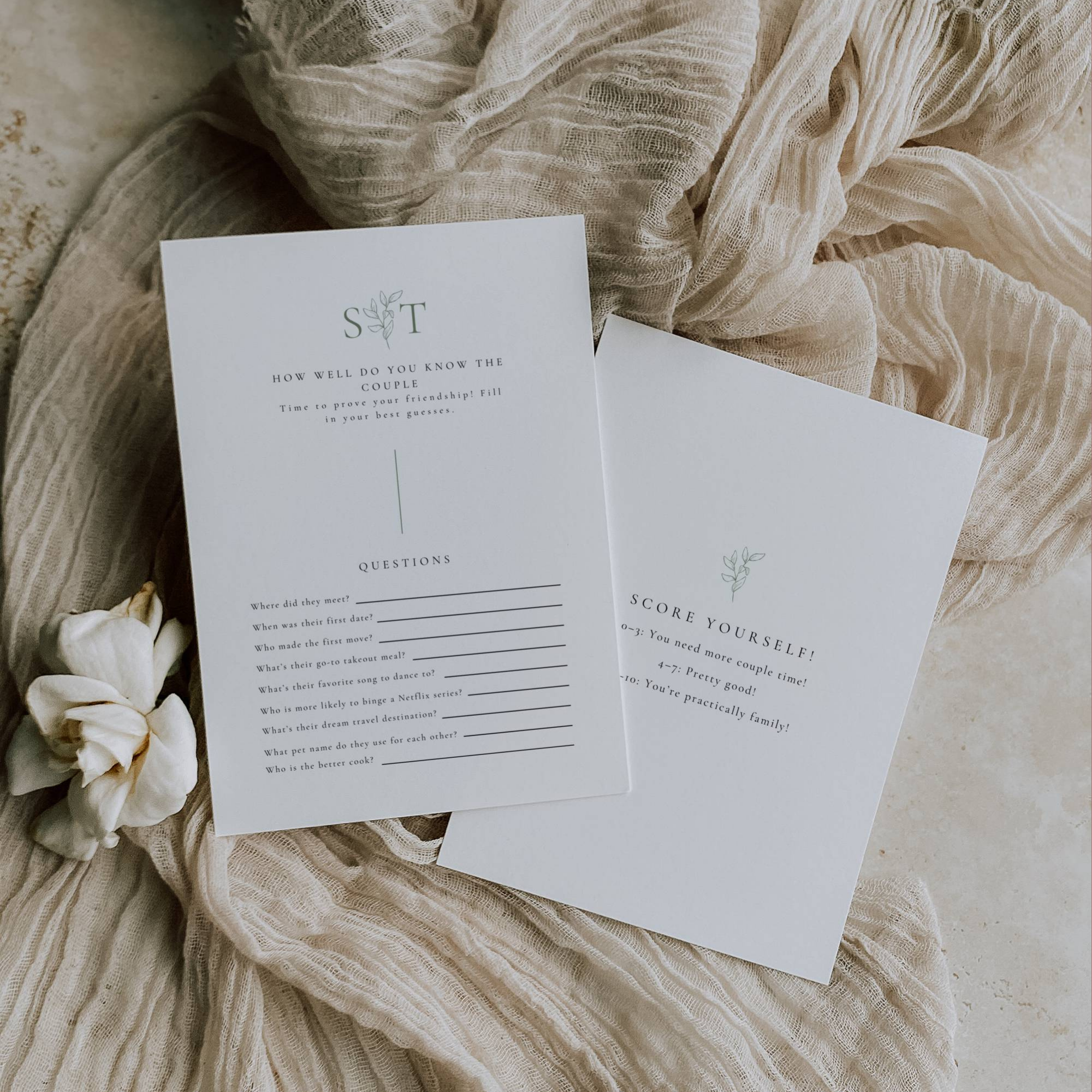 Oliva Essence Wedding Game Card Template: How well do you know the couple