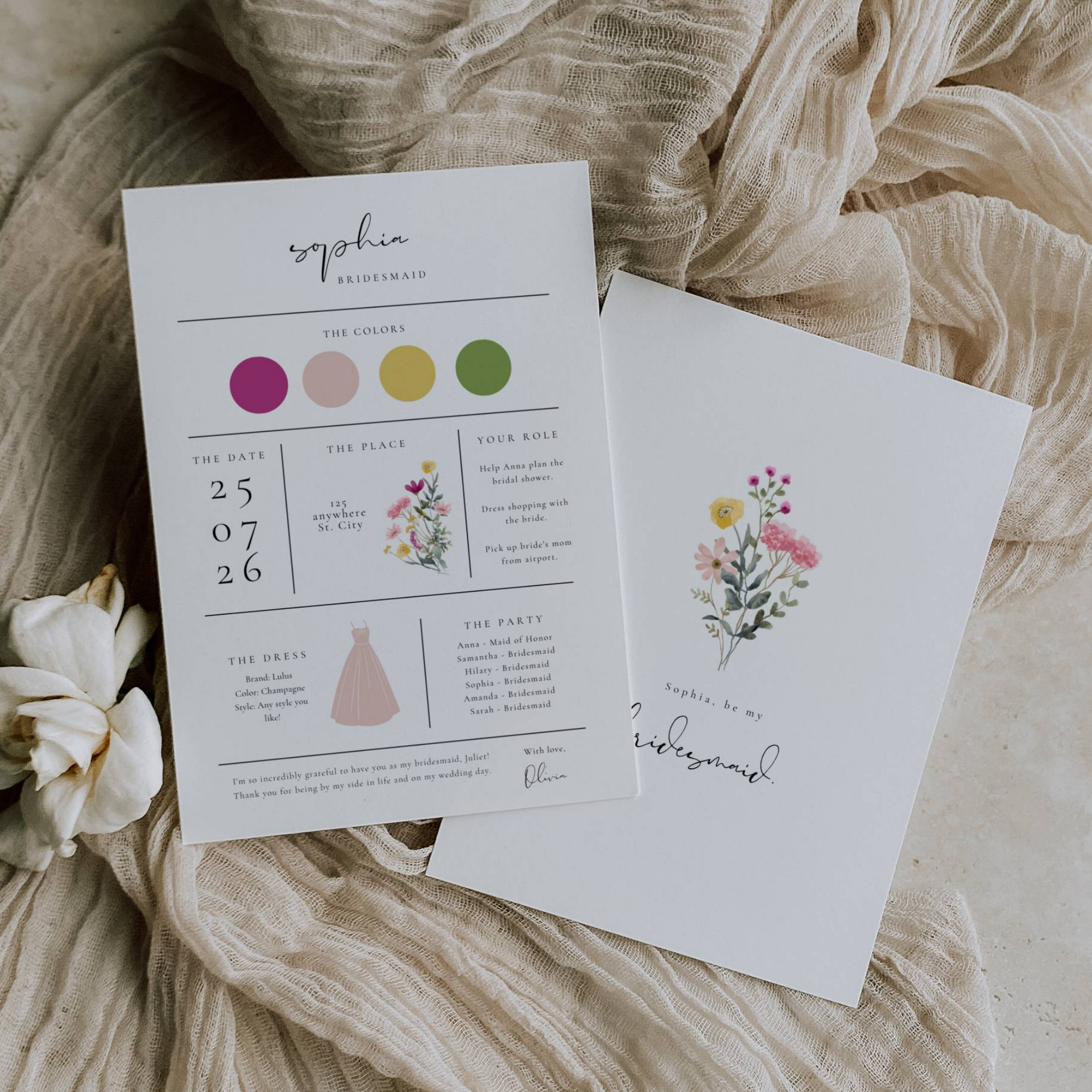 Aurora Valea Bridesmaid Info Card Template Bundle