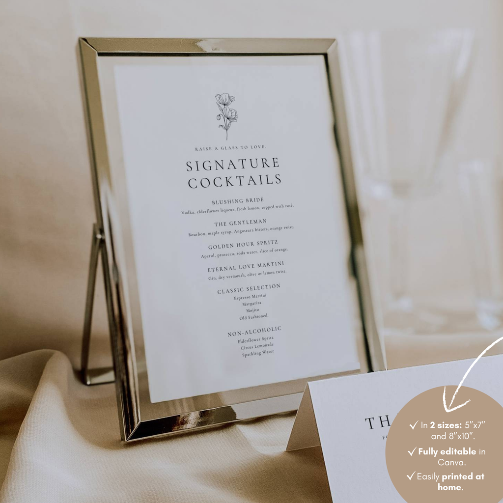 Alba Serenity Wedding Cocktail Menu Sign Template