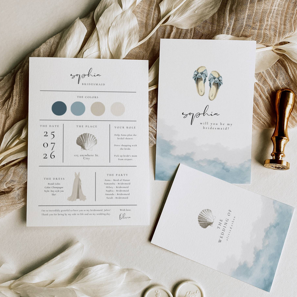 Coastal Whisper Bridesmaid Info Card Template Bundle