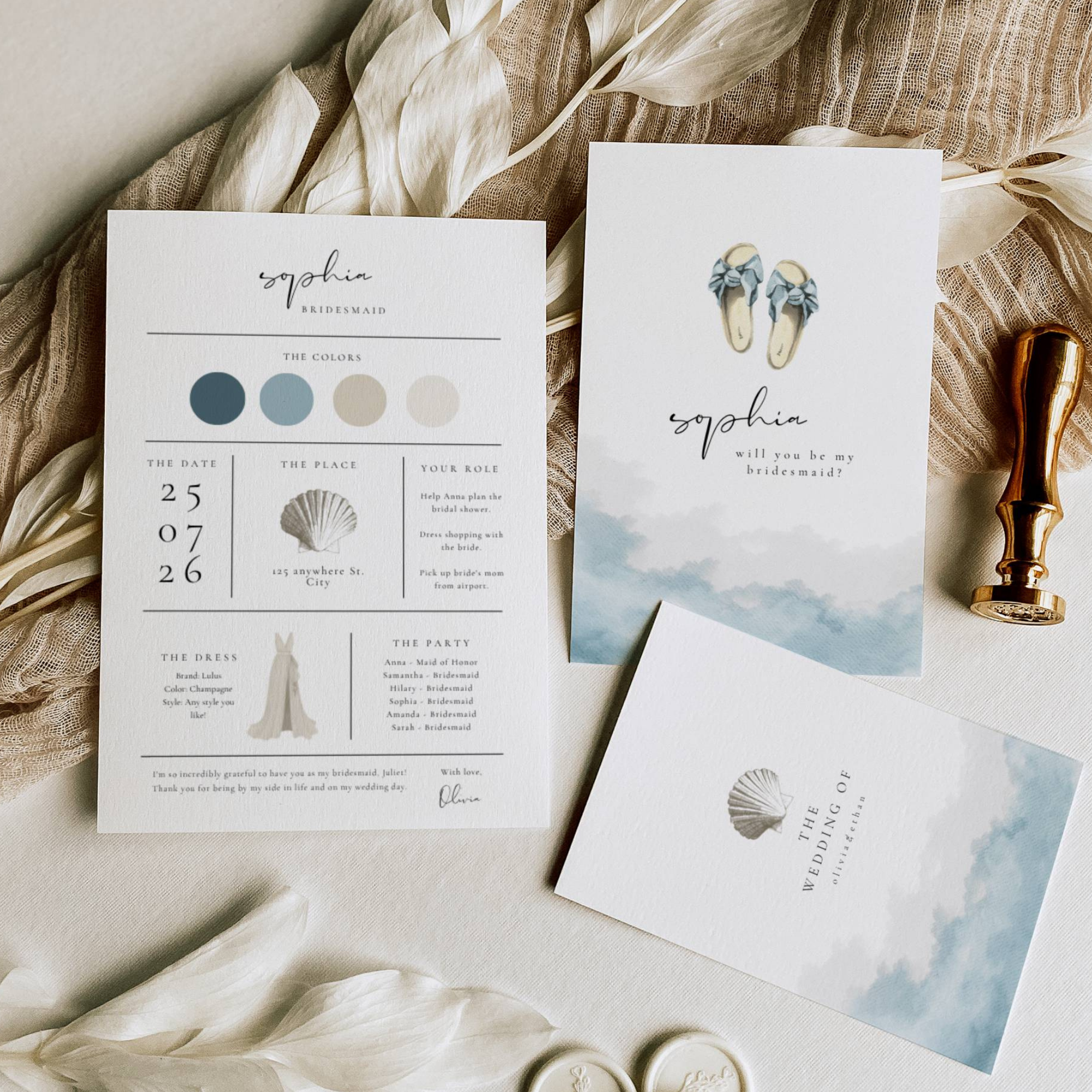 Coastal Whisper Bridesmaid Info Card Template Bundle