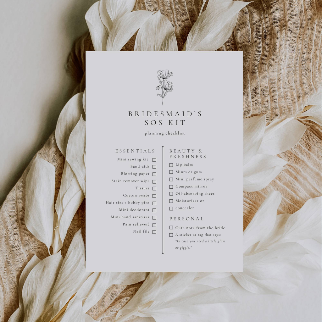 Alba Serenity Bridesmaid SOS Kit Checklist Card Template
