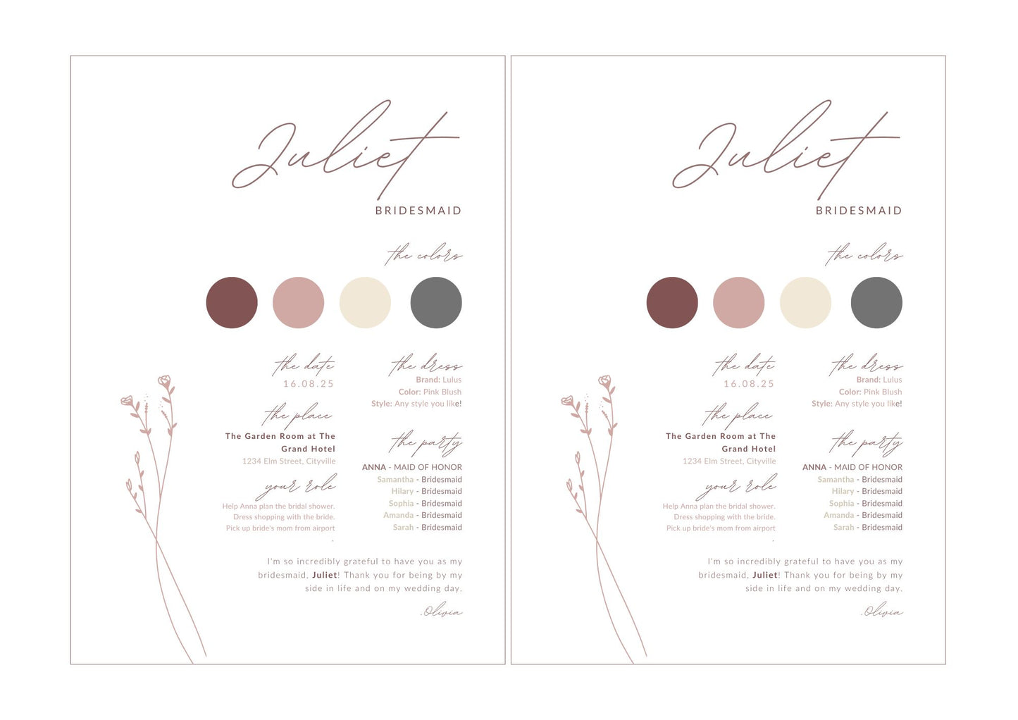 Bridesmaid Info Card Template | Modern Romantic Collection