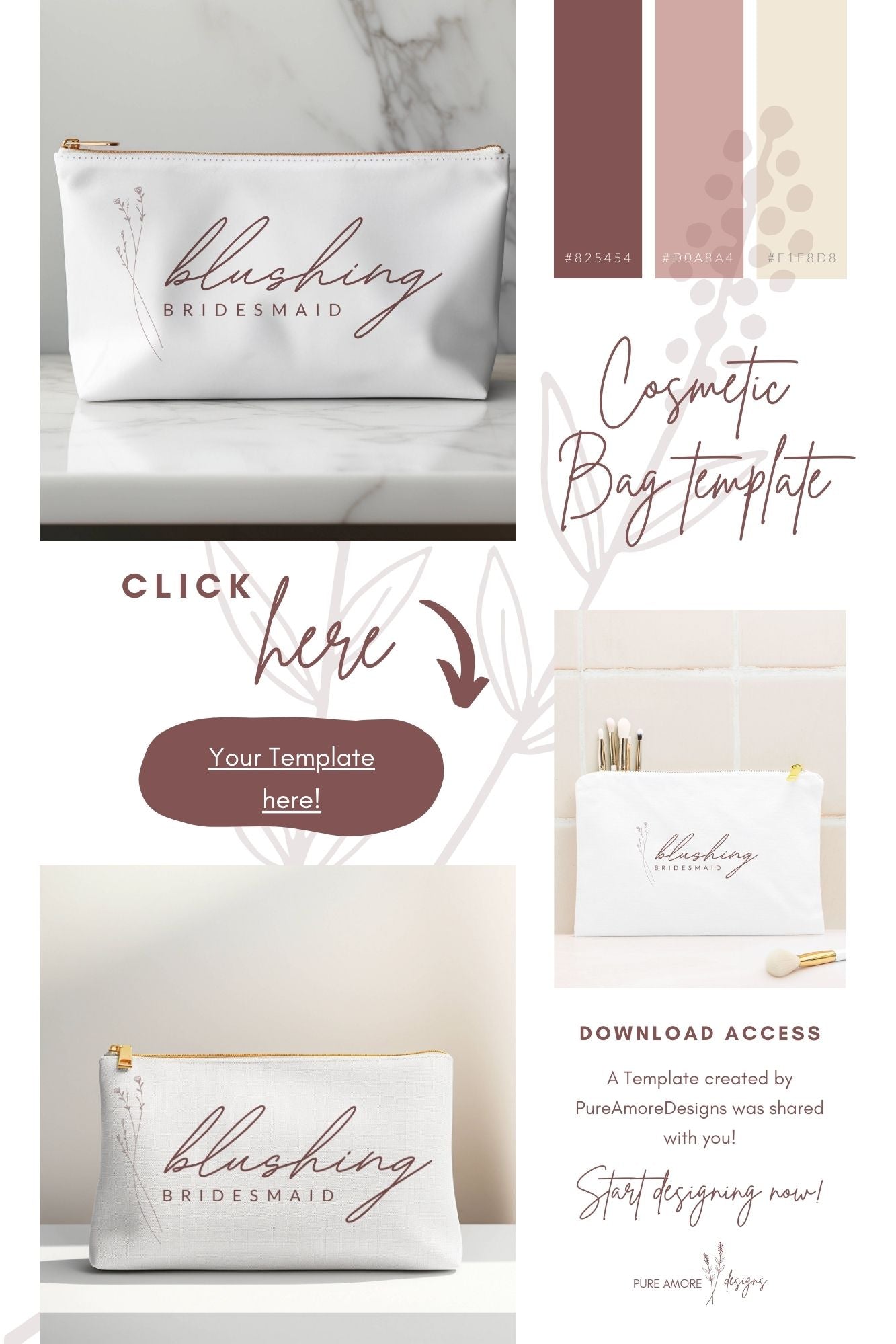Cosmetic Bag Template "Blushing Bridesmaid" | Modern Romantic Collection