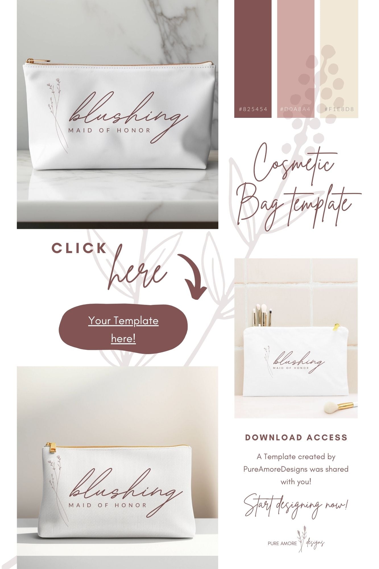 Cosmetic Bag Template "Blushing Maid of Honor" | Modern Romantic Collection