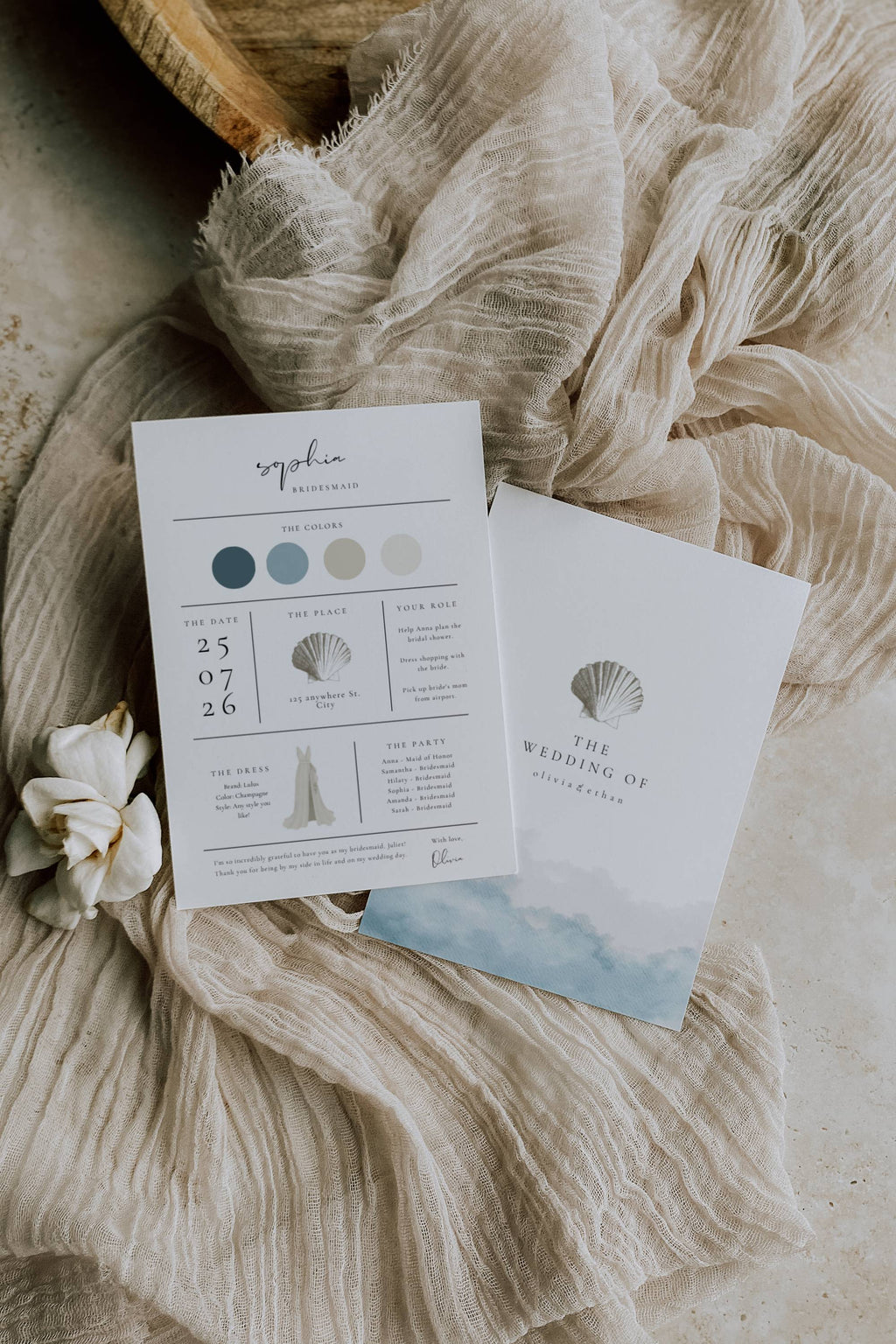 Coastal Whisper Bridesmaid Info Card Template Bundle