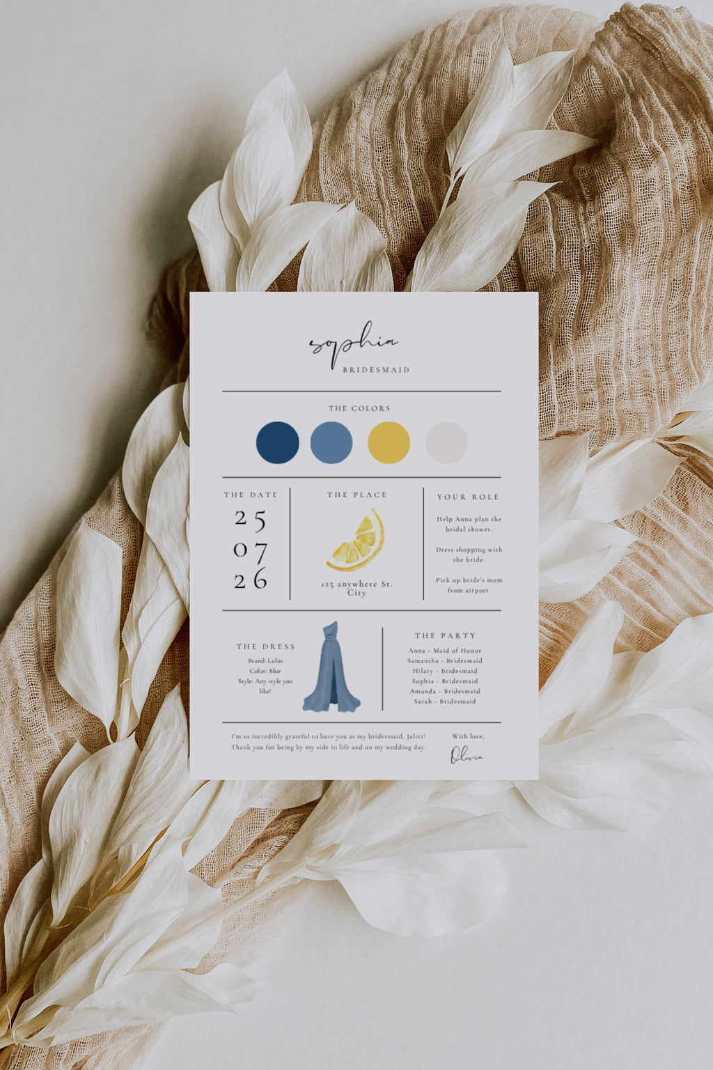 Solea Mare Bridesmaid Info Card Template