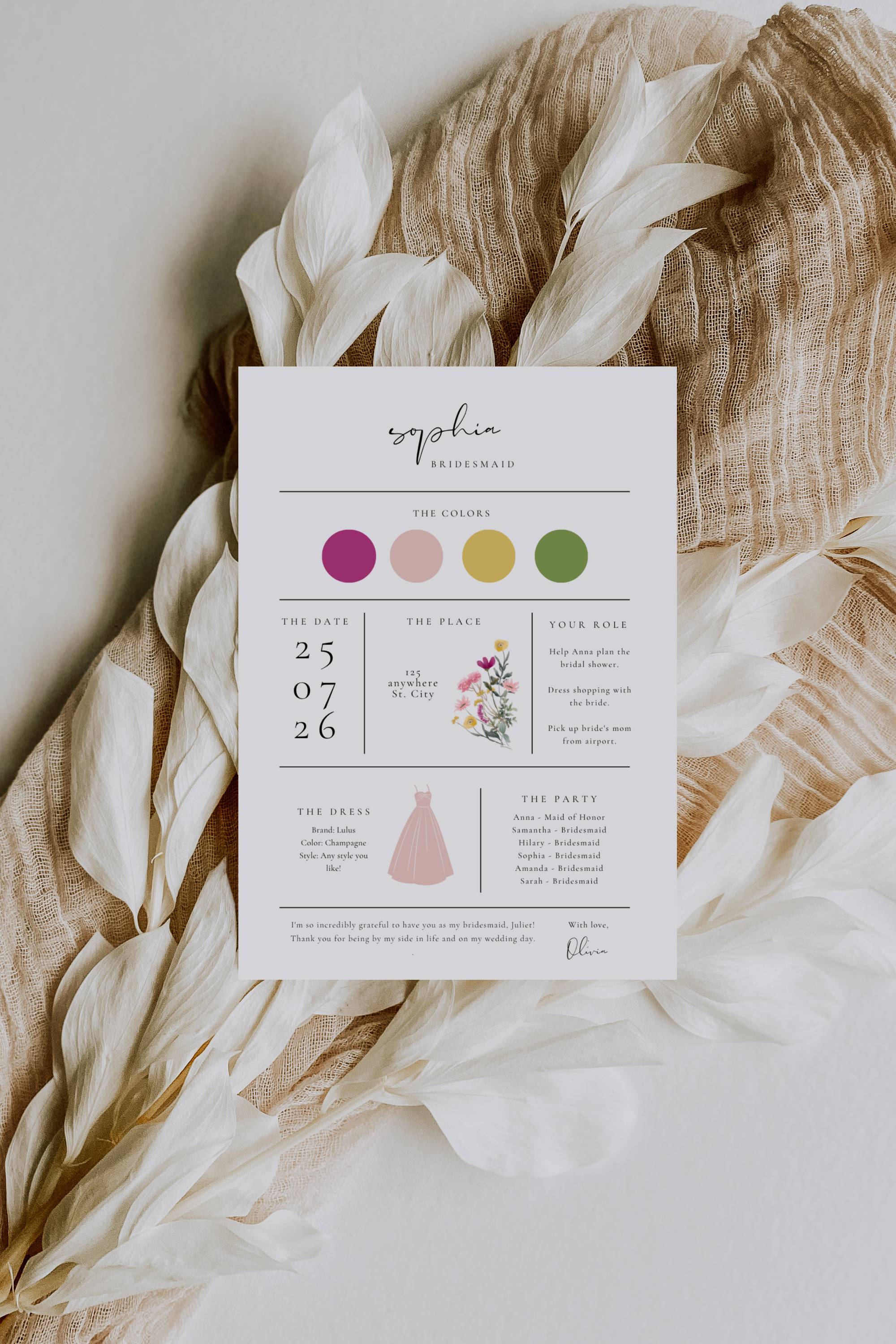 Aurora Valea Bridesmaid Info Card Template Bundle