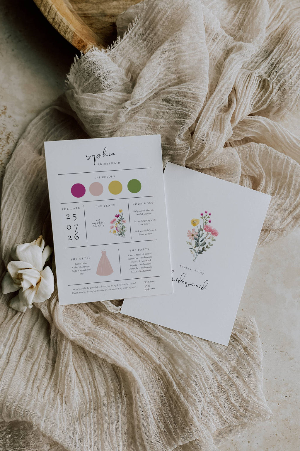 Aurora Valea Bridesmaid Info Card Template Bundle