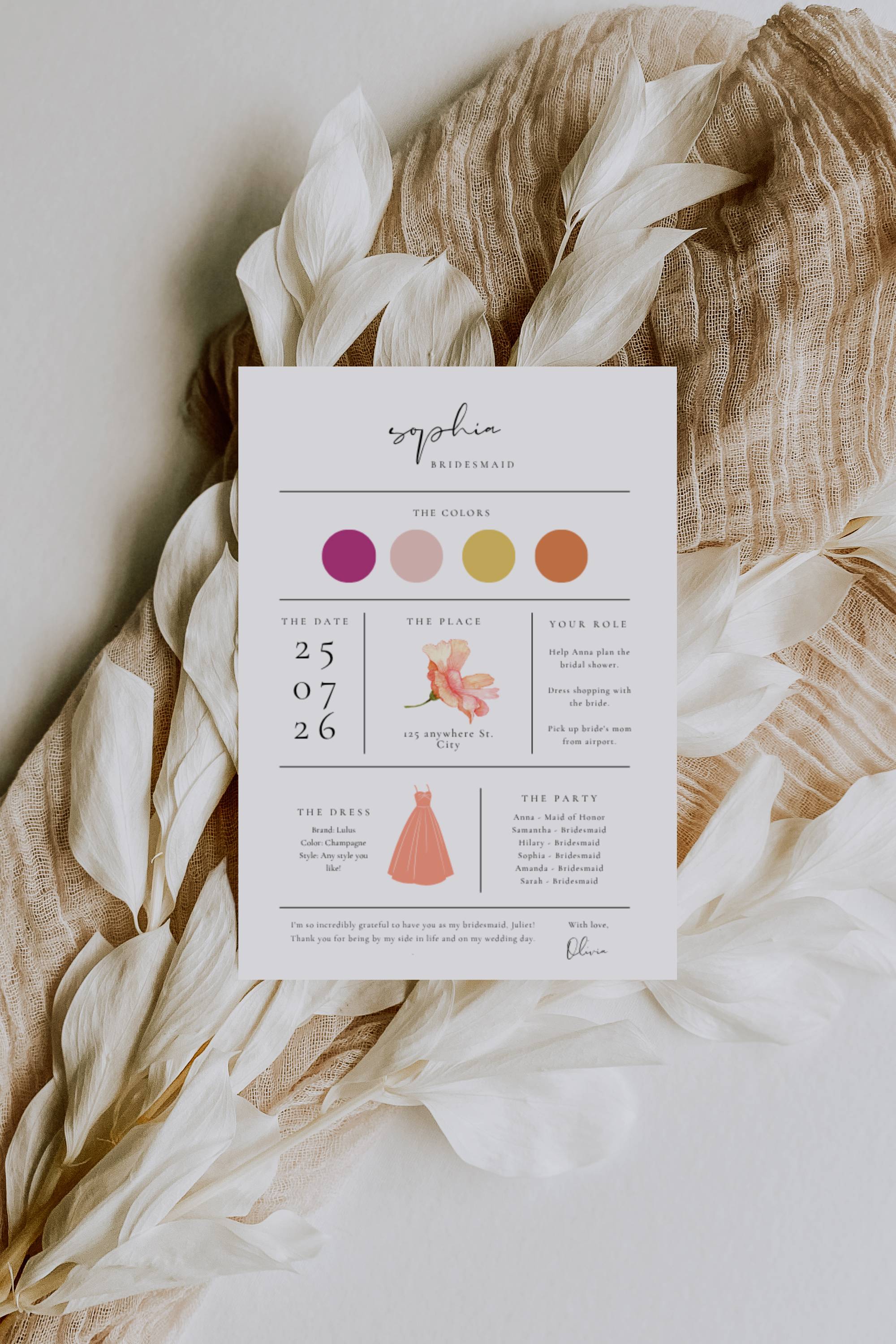 Aurora Valea Bridesmaid Info Card Template
