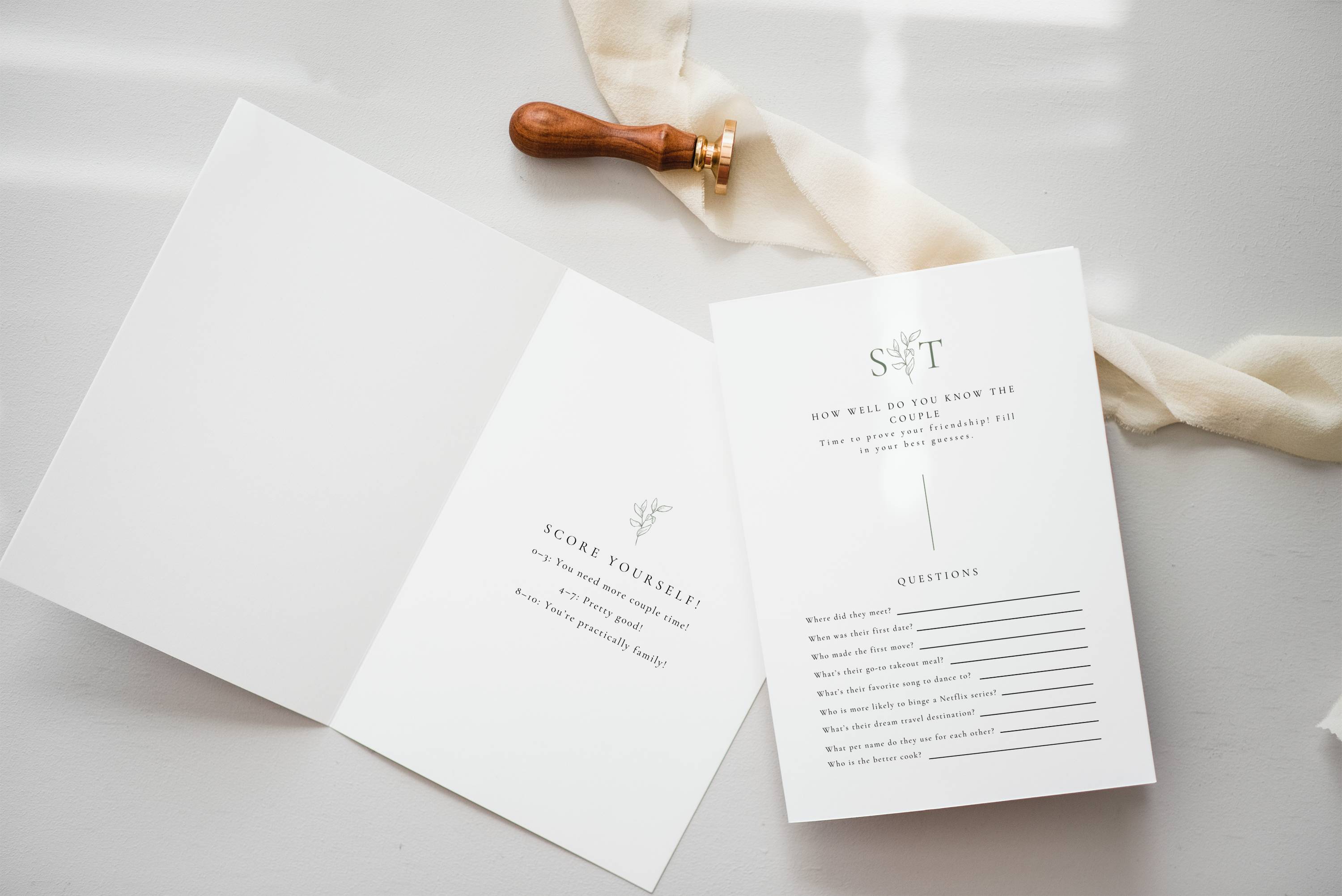 Oliva Essence Wedding Game Card Template: How well do you know the couple
