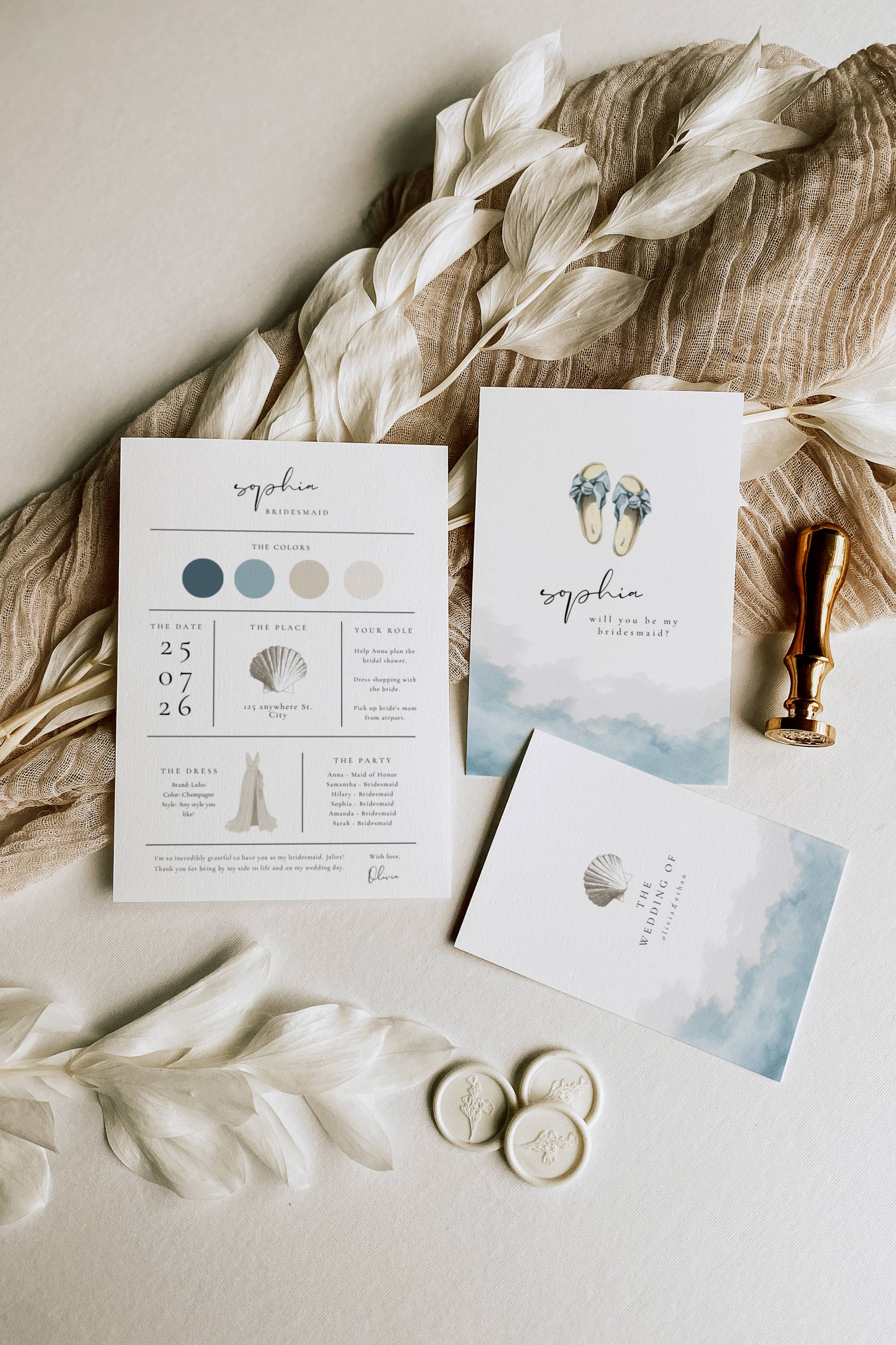 Coastal Whisper Bridesmaid Info Card Template Bundle