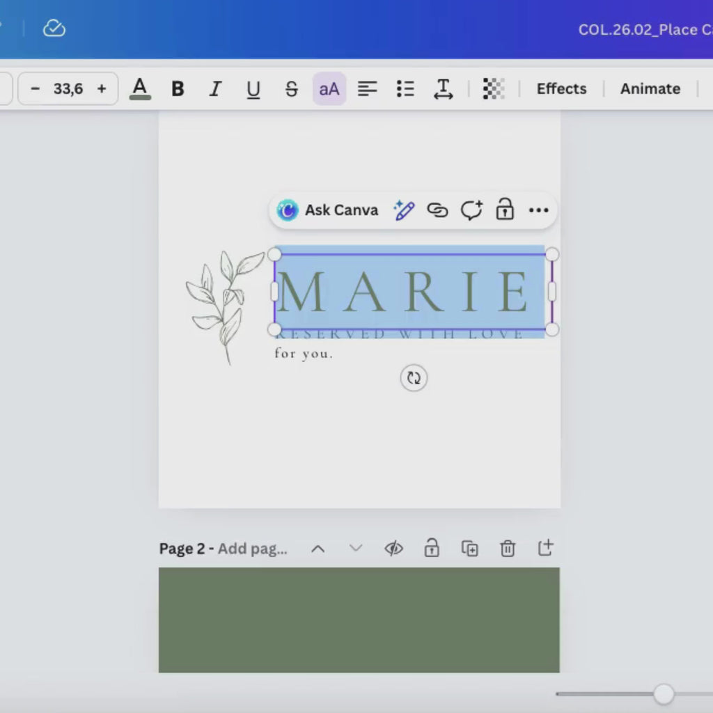 Oliva Essence Wedding Place Card Template