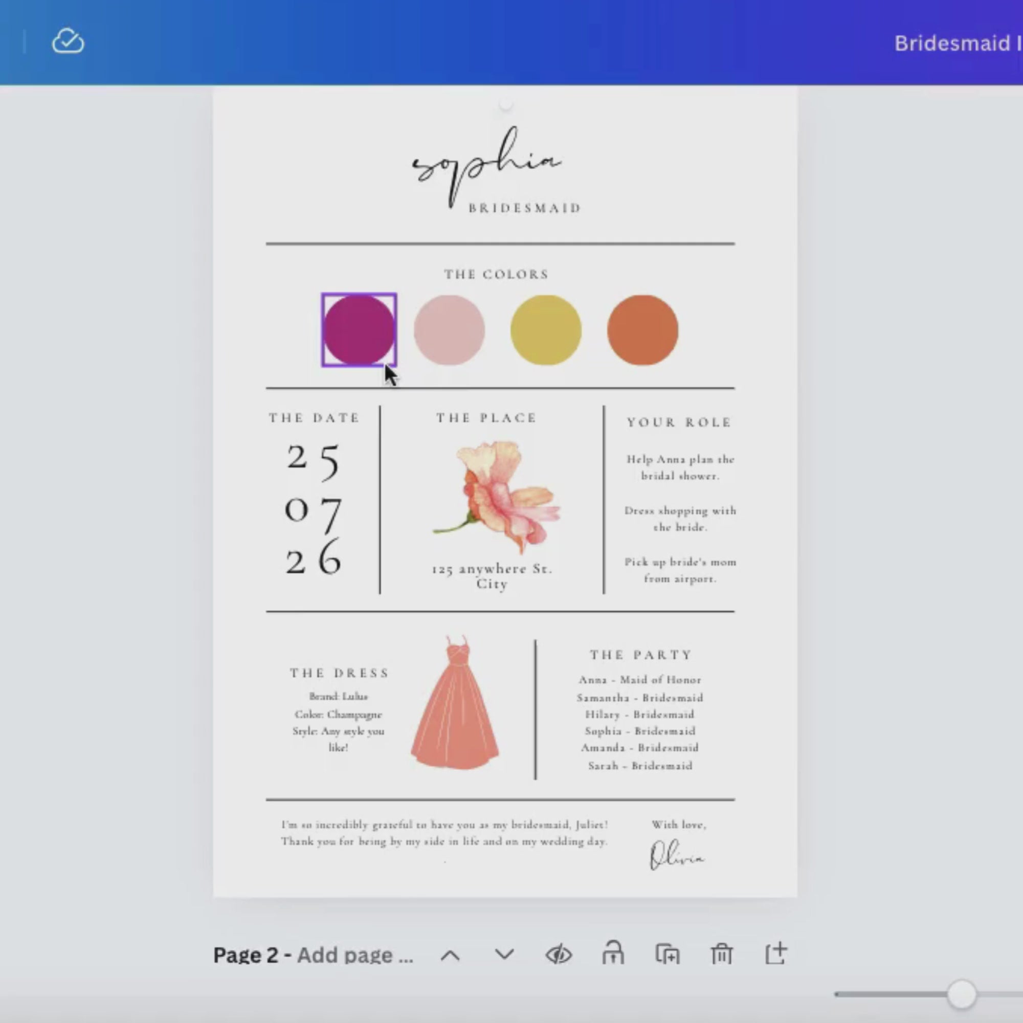 Aurora Valea Bridesmaid Info Card Template