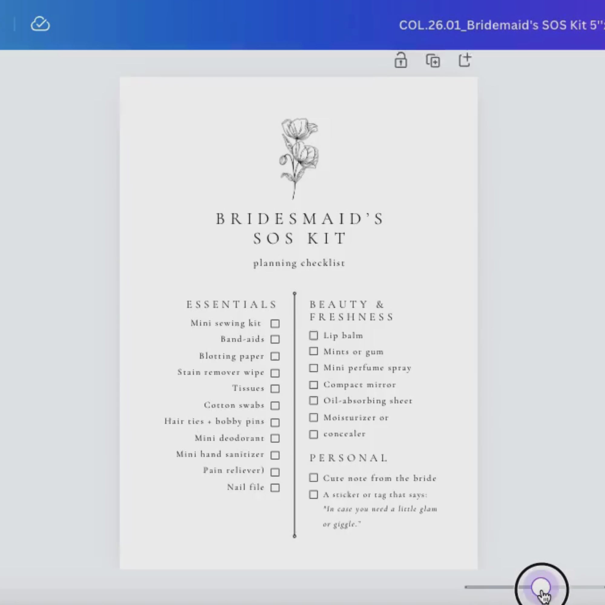 Alba Serenity Bridesmaid SOS Kit Checklist Card Template