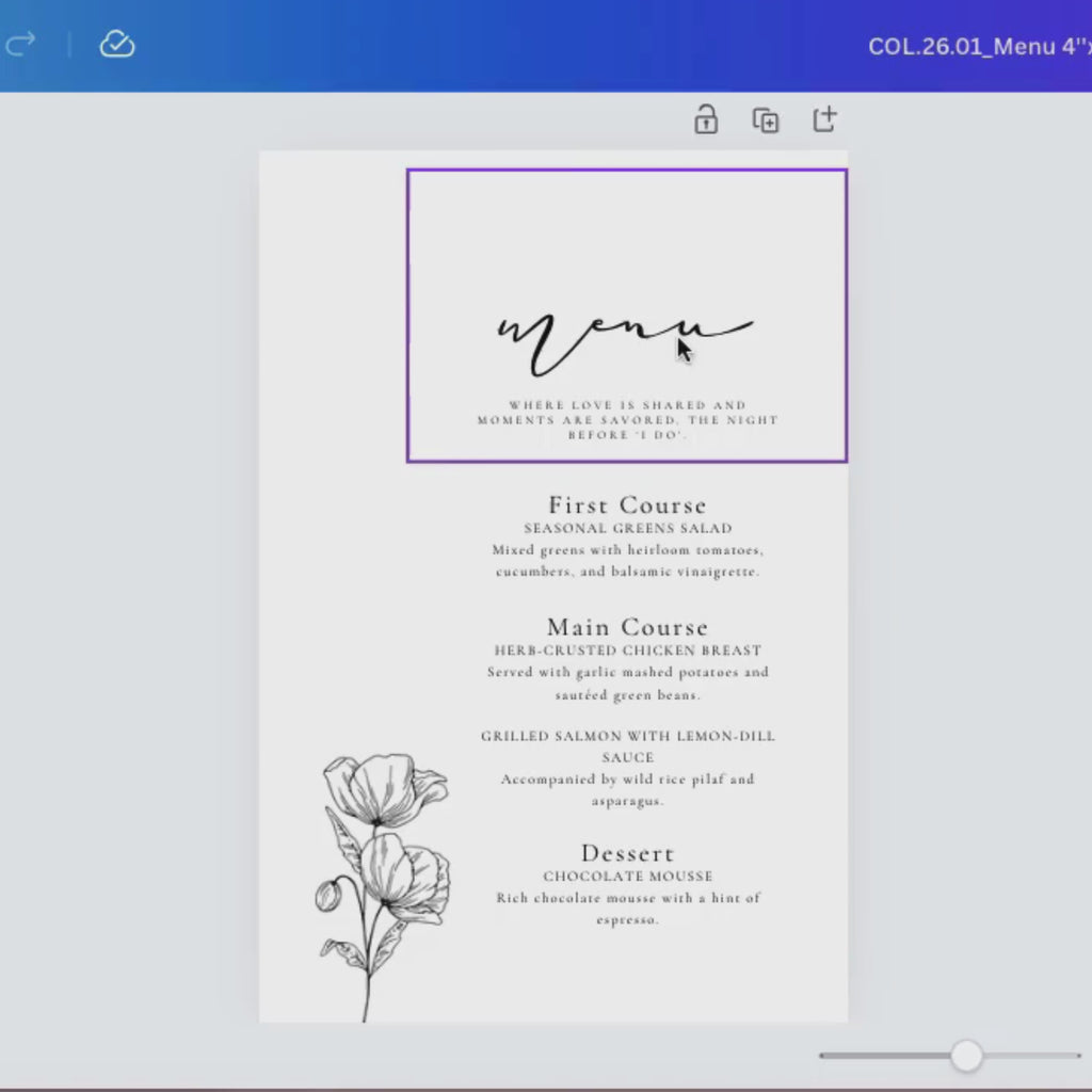 Alba Serenity Wedding Menu Template