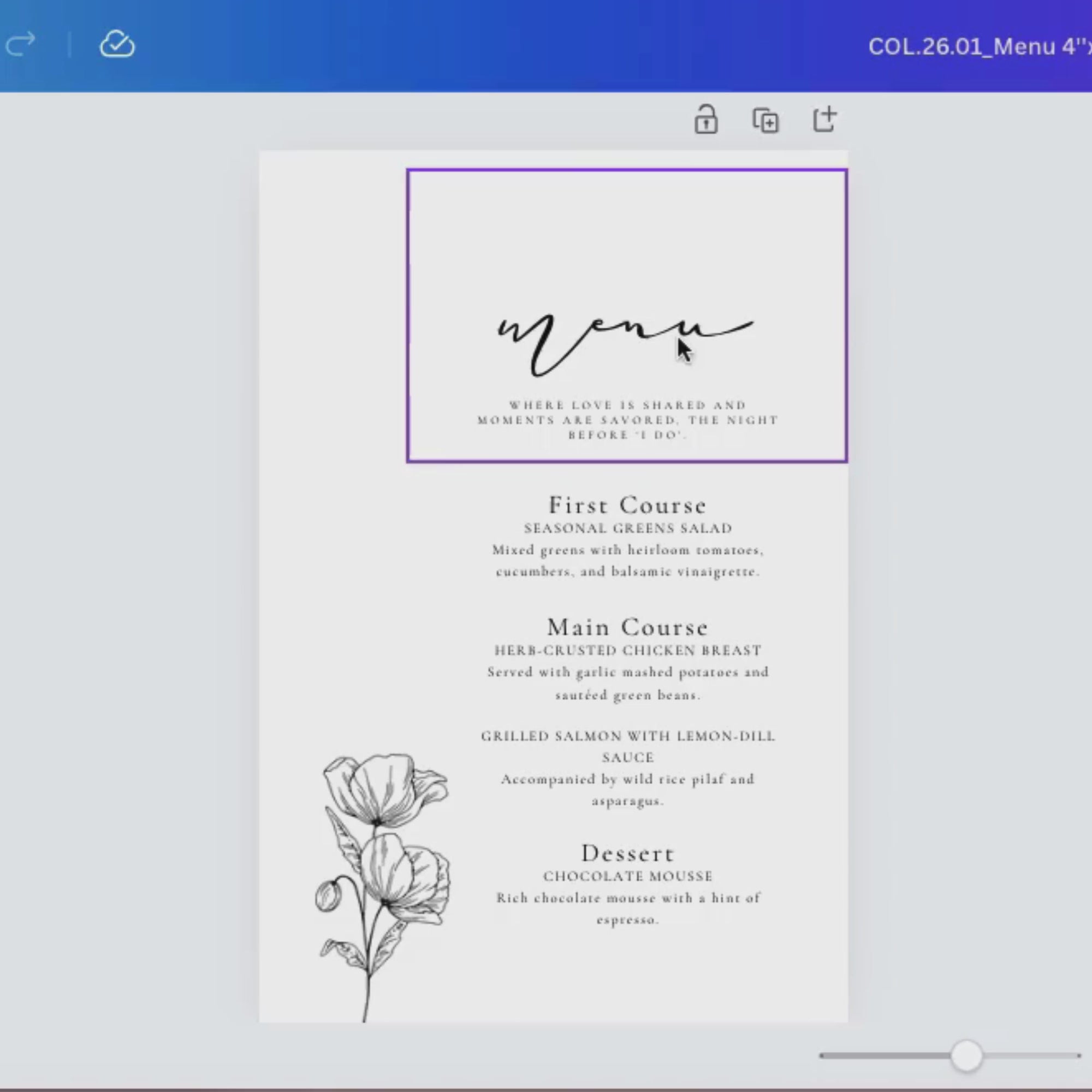 Alba Serenity Wedding Menu Template