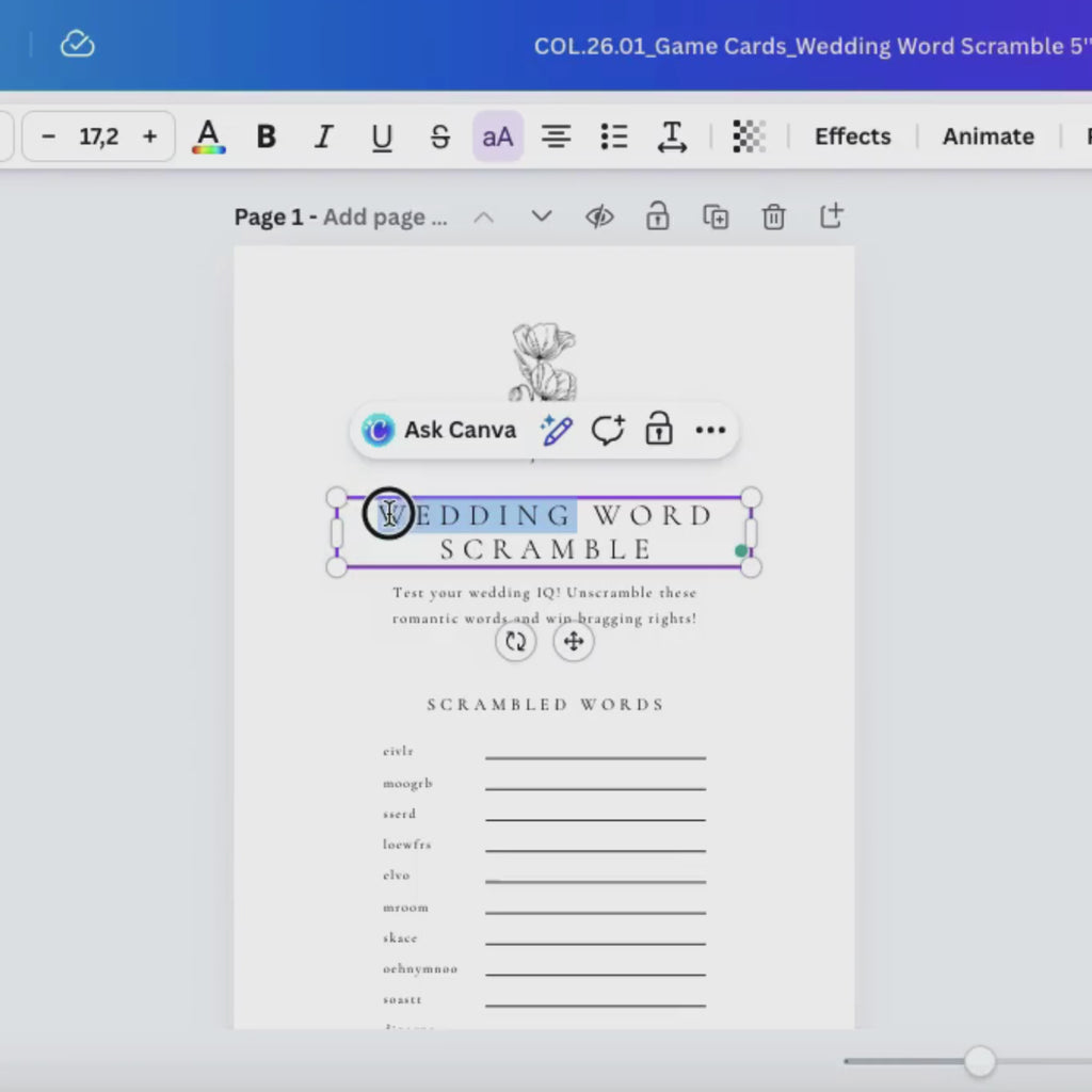Alba Serenity Wedding Game Cards Template: Wedding Word Scramble