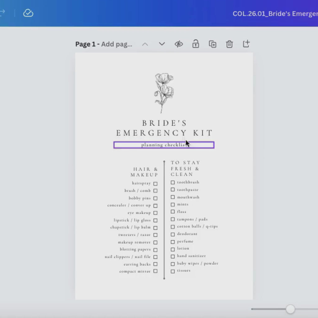 Alba Serenity Bride’s Emergency Kit Checklist Template