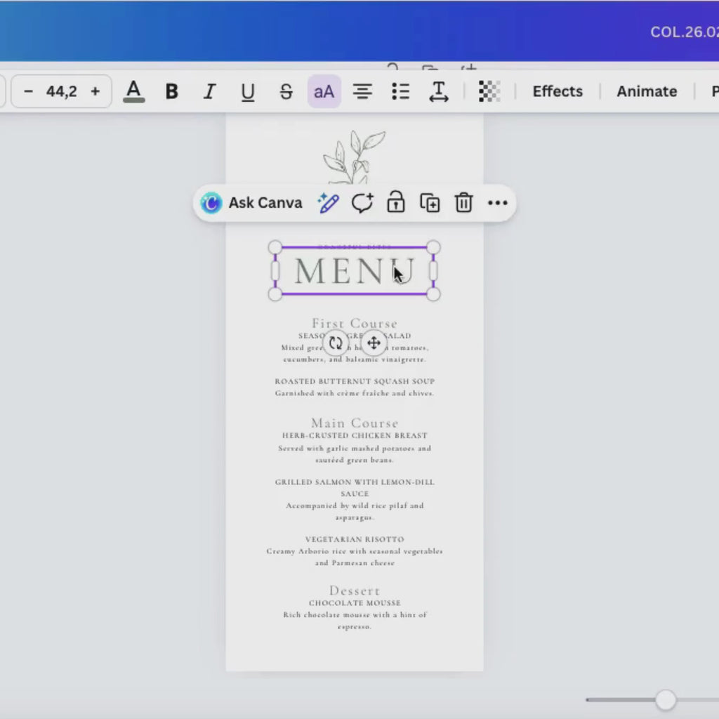 Oliva Essence Wedding Menu Template