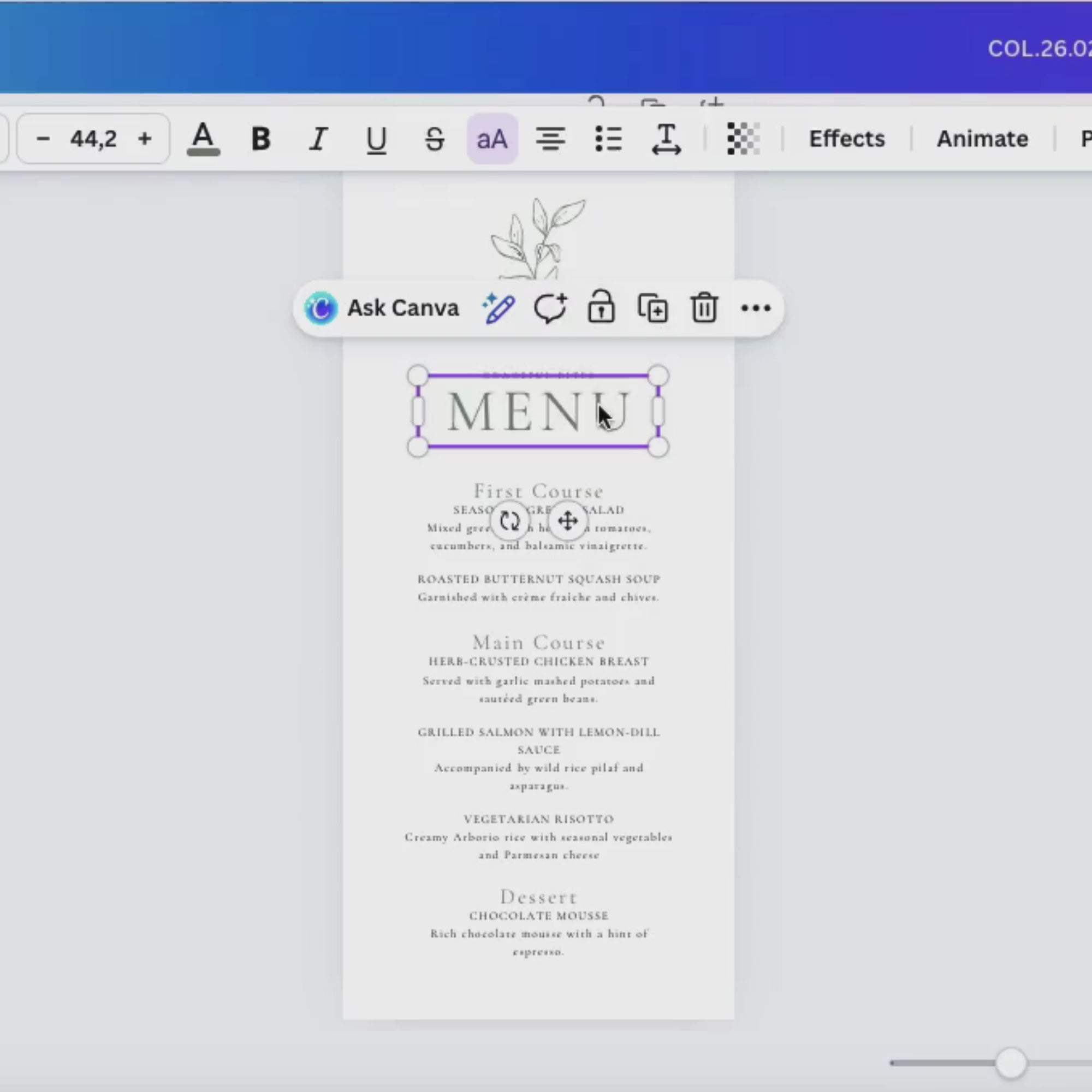 Oliva Essence Wedding Menu Template