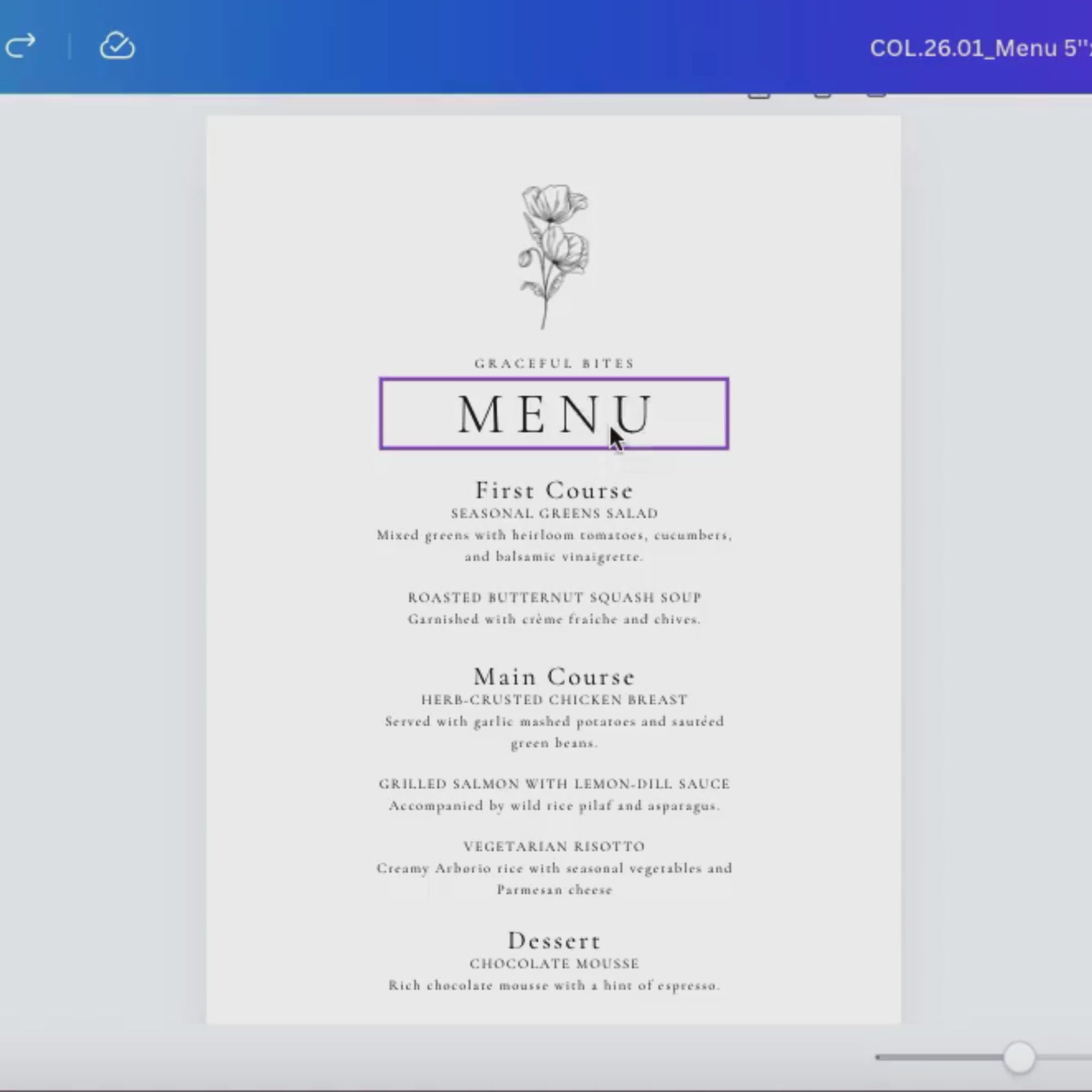 Alba Serenity Wedding Menu Template