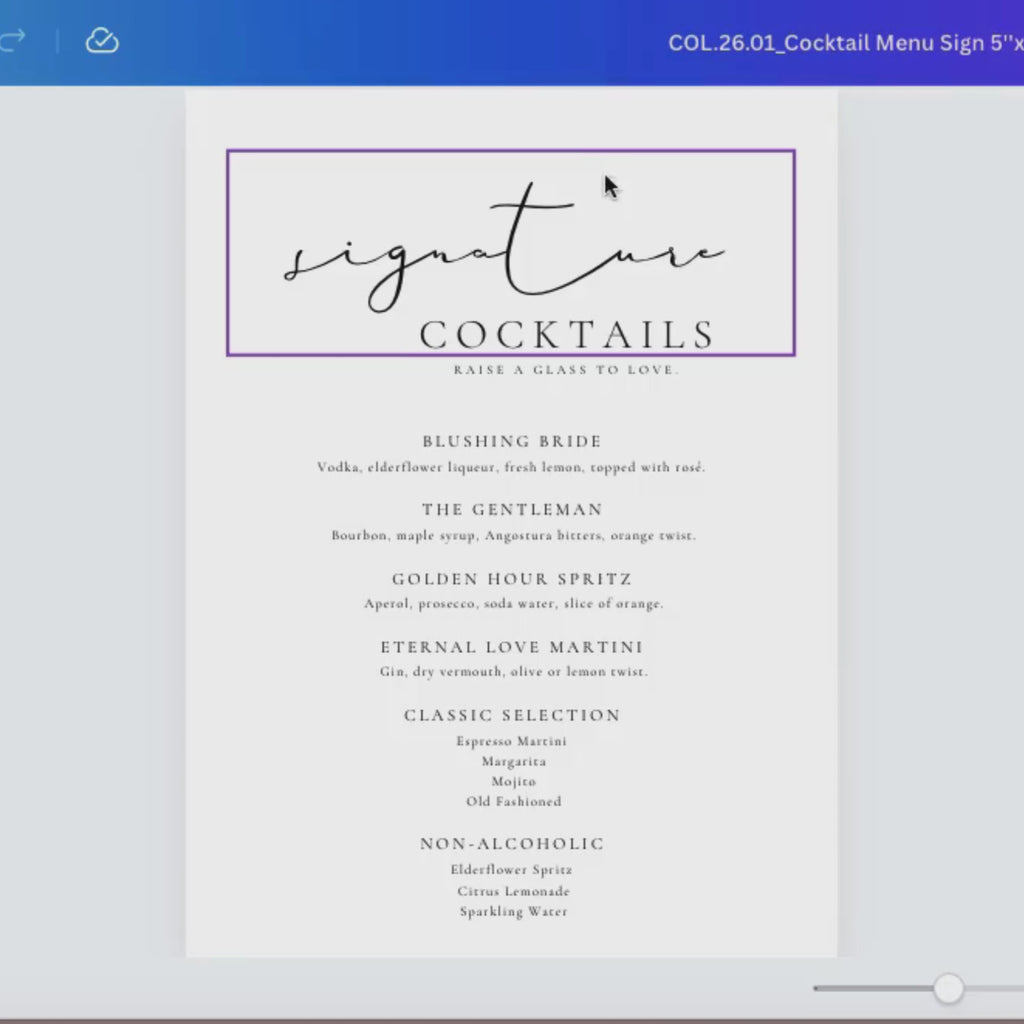 Alba Serenity Wedding Cocktail Menu Sign Template