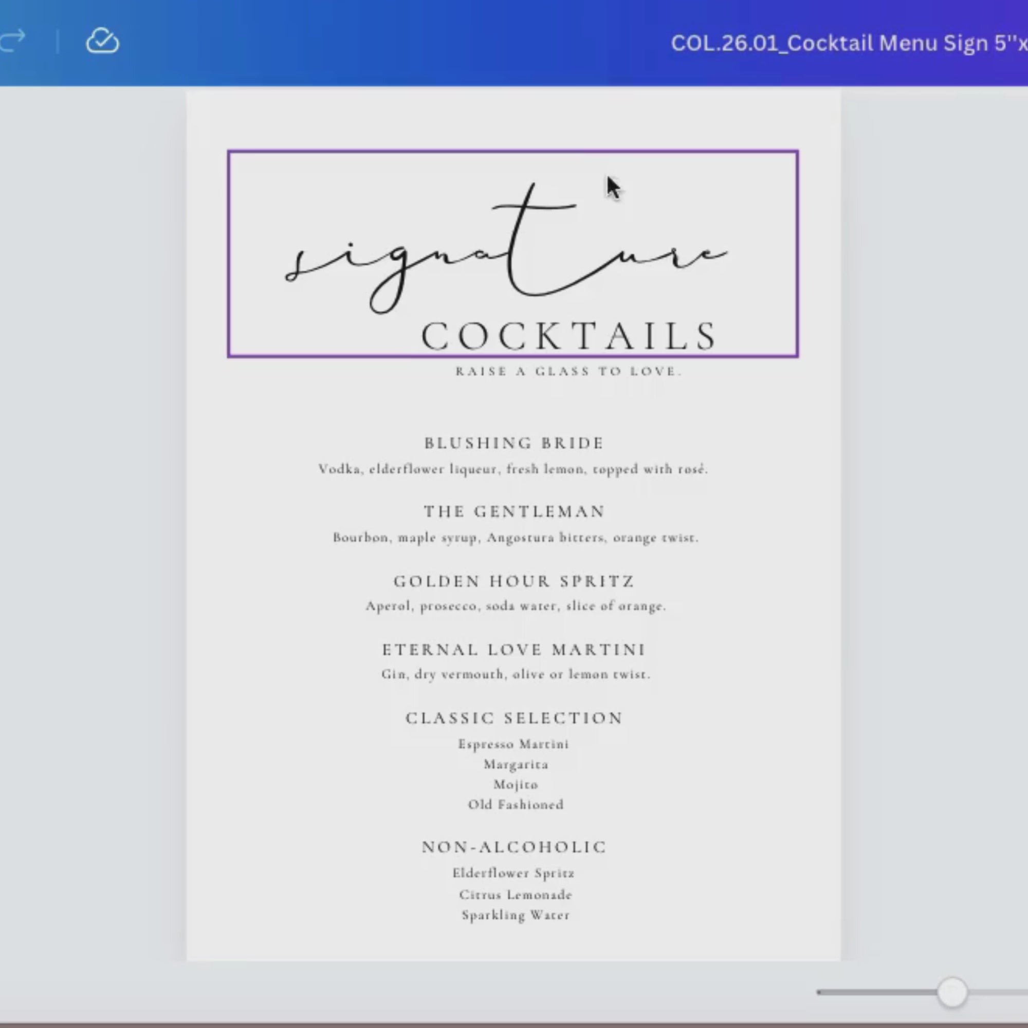 Alba Serenity Wedding Cocktail Menu Sign Template