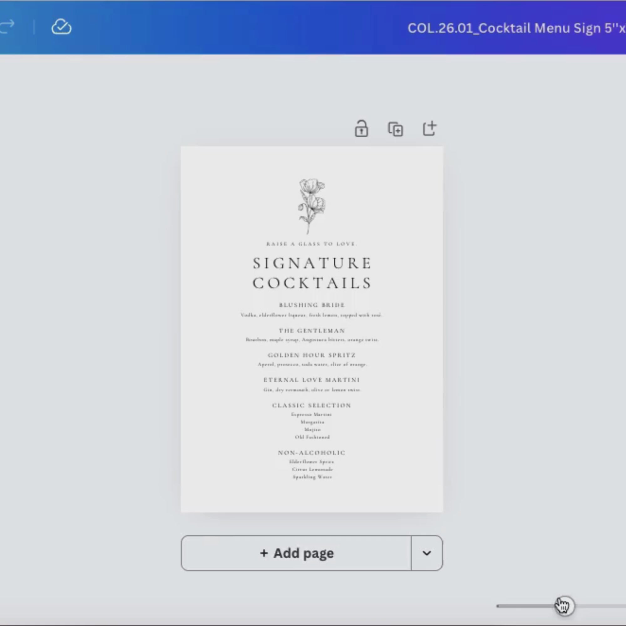 Alba Serenity Wedding Cocktail Menu Sign Template