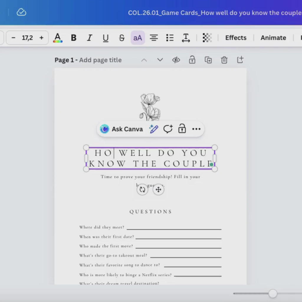 Alba Serenity Wedding Game Cards Template: How Well Do You Know The Couple