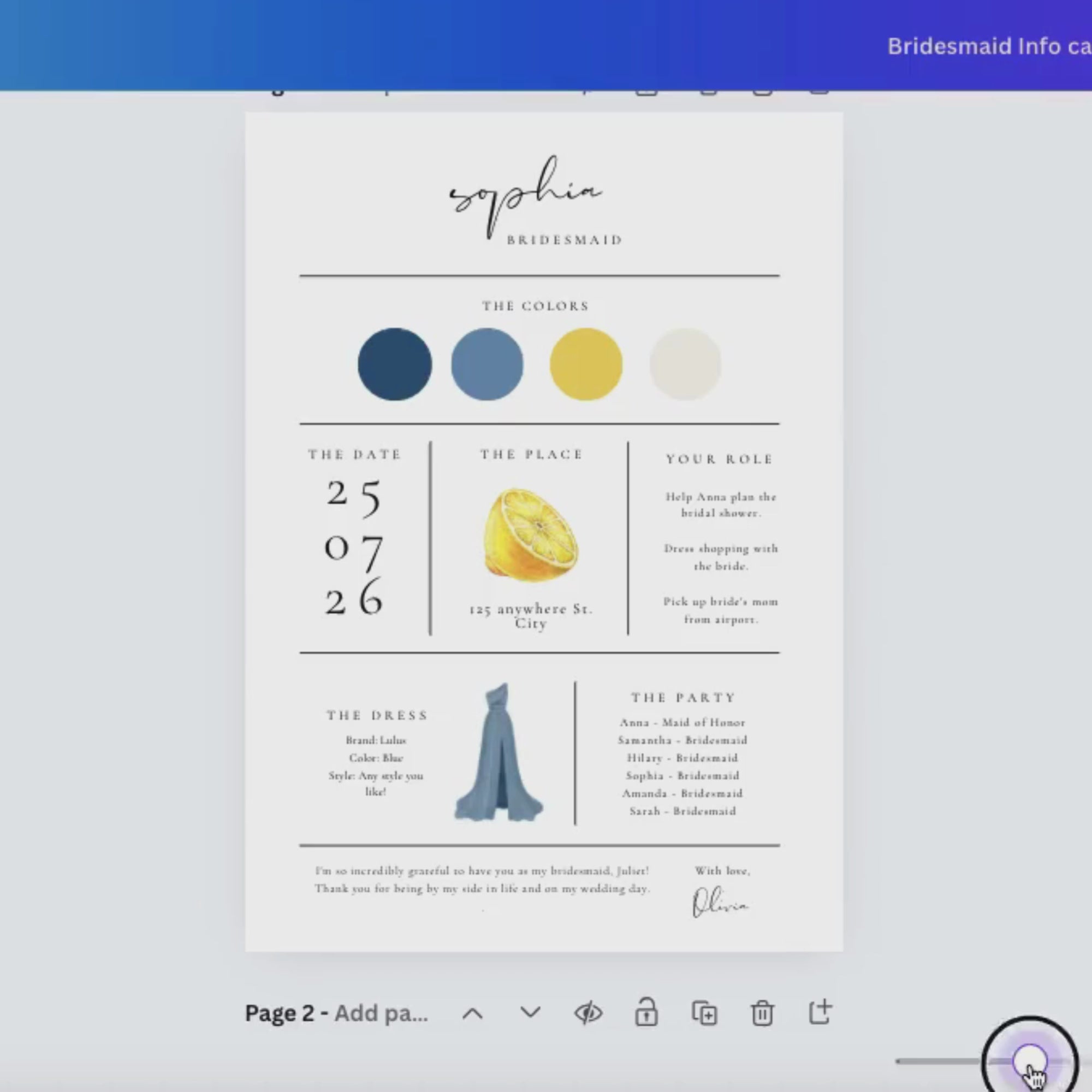 Solea Mare Bridesmaid Info Card Template