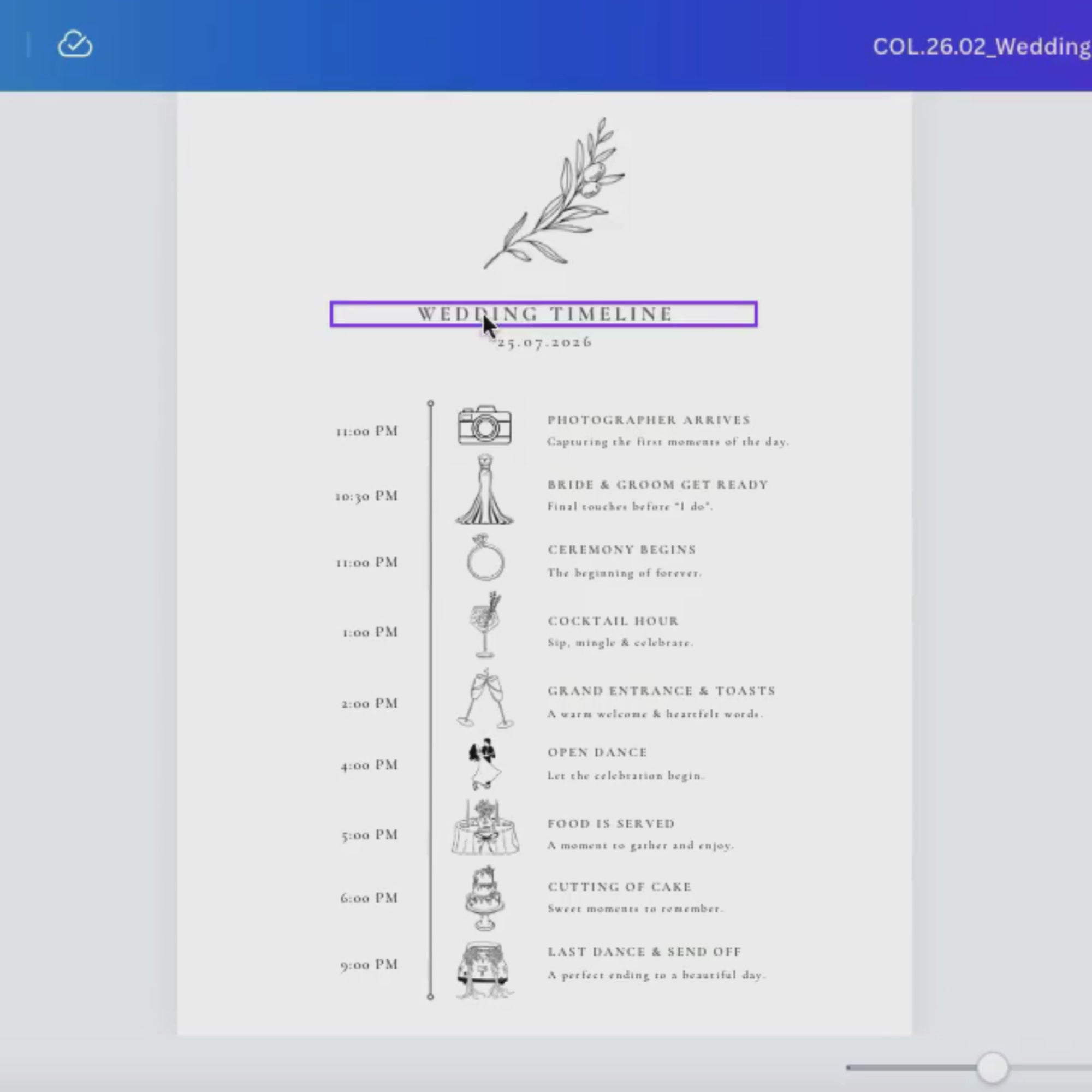 Oliva Essence Wedding Itinerary Template