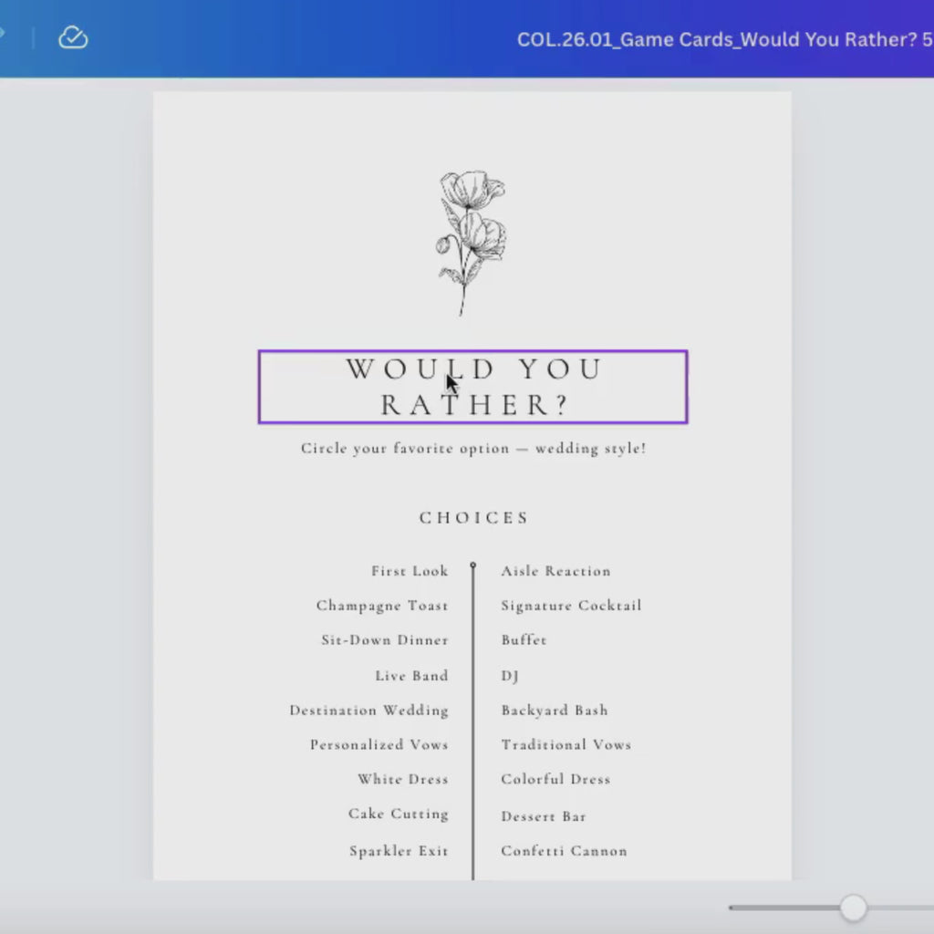 Alba Serenity Wedding Game Cards Template: Would You Rather