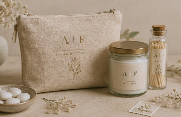 A beige canvas zip pouch with gold monogram lettering 'A | F' and a botanical line drawing, styled on a neutral surface alongside a candle jar, a match bottle, dried flowers, and a small bowl of white eggs.