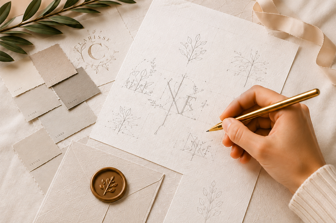 A hand holding a gold pen sketches botanical monograms on elegant textured paper, arranged on a cream fabric surface with a wax seal, paper swatches, and green leaves.