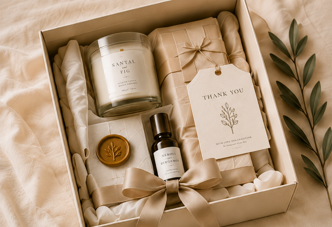 A curated wedding gift box set containing a Santal & Fig candle, a small amber bottle, a gold wax seal, and a thank you card, all beautifully wrapped in beige ribbon and tissue paper inside a cream-colored box on a draped beige fabric background.
