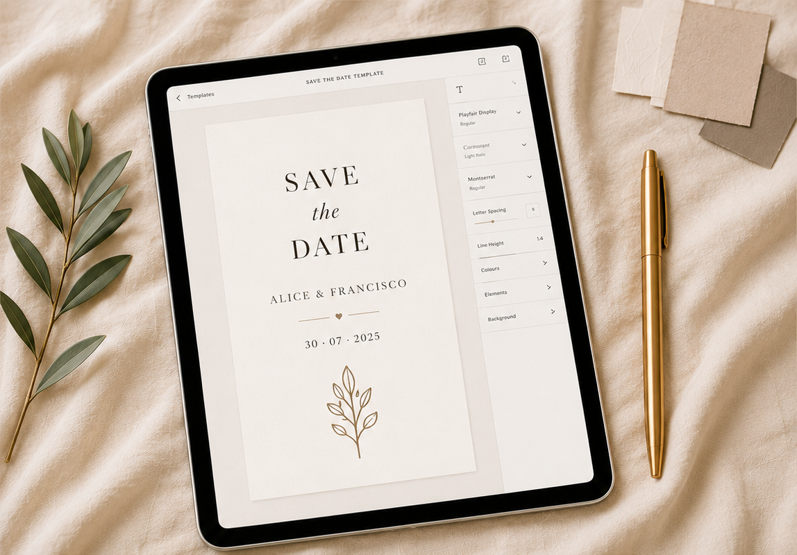 A tablet lying on beige fabric, displaying a wedding digital save-the-date template card design. The scene is styled with a green leaf sprig on the left, a gold pen on the right, and small neutral paper swatches above.