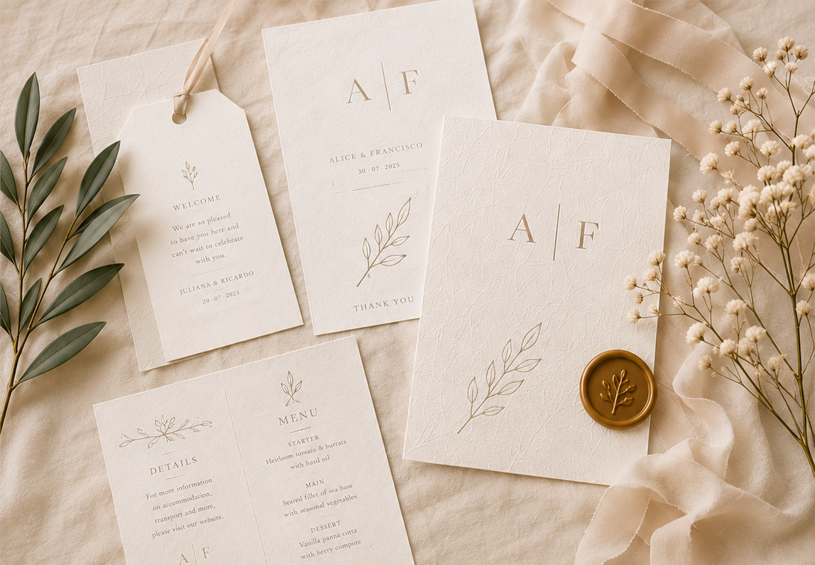 A styled flat-lay of wedding stationery bundle on a soft beige fabric background, including an invitation card, a tag, a menu card, a wax seal, baby's breath flowers, and greenery.