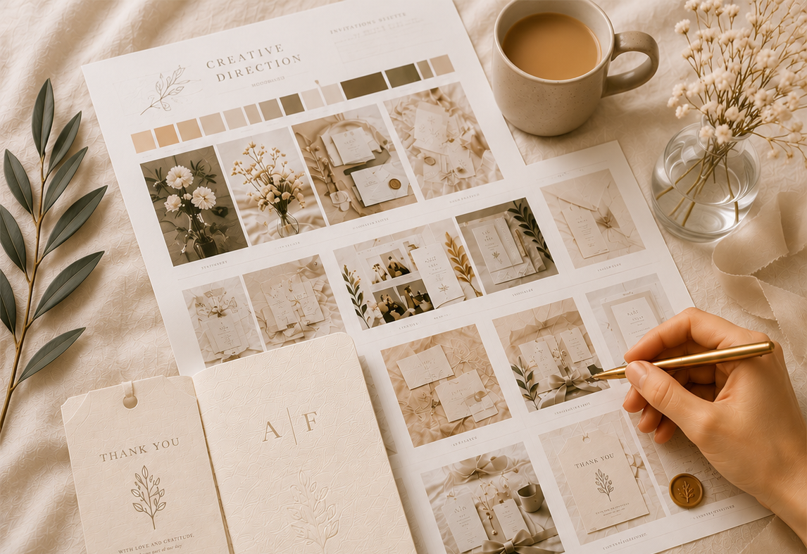 A styled flat-lay of a stationery design mockup or printable template sheet with floral and neutral-themed cards, placed on a beige fabric surface with a coffee mug, dried flowers, and a hand holding a gold pen.