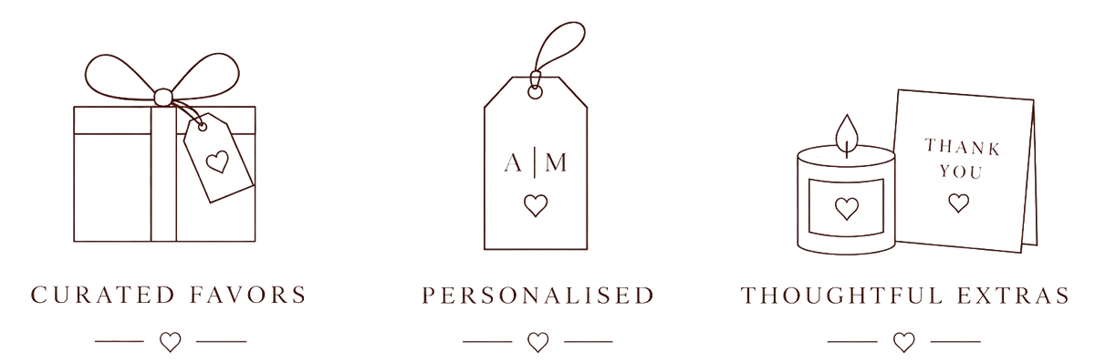 Three illustrated service features on a white background: a gift box labeled Curated Favors, a personalized tag labeled Personalised, and a candle with a thank you card labeled Thoughtful Extras.