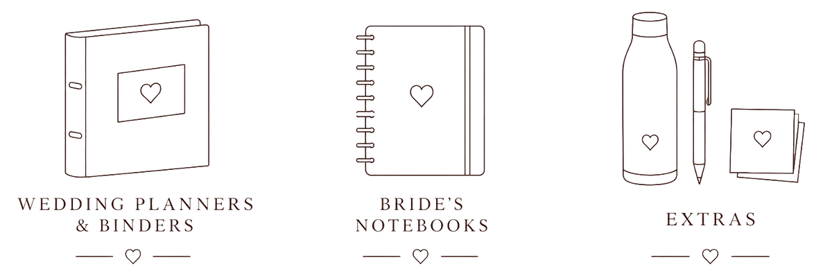 Three black line-drawn product categories on a white background: a wedding planner and binder, a bride's notebook, and extras, with descriptive text underneath each.